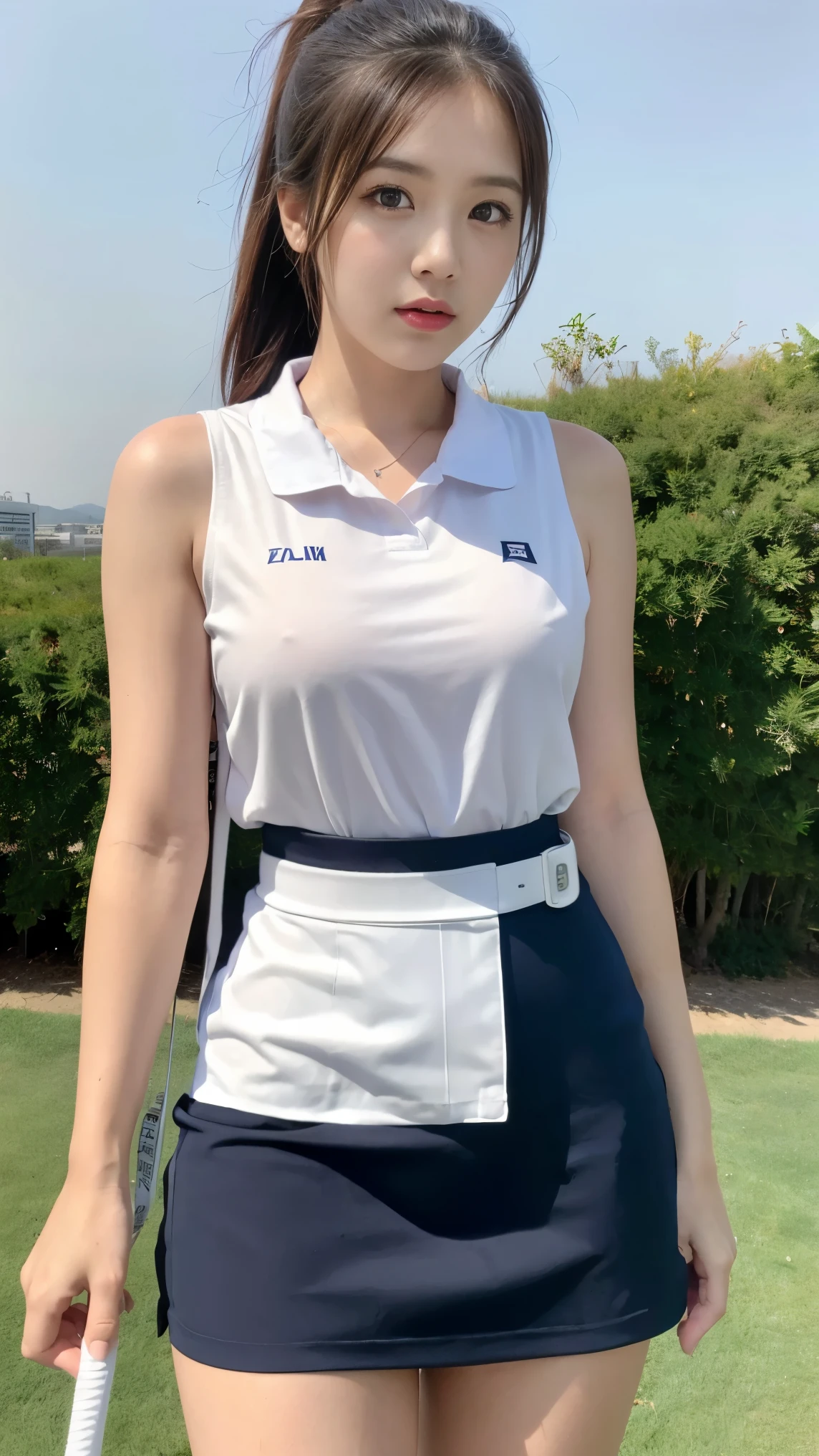 (((Masterpiece，highest quality，Highest quality，8k))),((Ultra-high resolution，Extremely detailed)),(Draw in detail),Hyper Quality，Beautiful Japanese woman in golf wear, Female college student，Gal，detailed bodyline，Golf course,Professional Golfer,Golf club，Beauty，sexy，glamorous，tall，Light brown hair，ponytail,Large Breasts,G-Cup,Big Ass,Sun visor,Sleeveless polo shirt worn next to bare skin(see-through)，Ultra mini skirt(see-through)，Knee-high socks,Live Action, (Female college studentがティーグラウンド傍でキャディと雑談している様子)