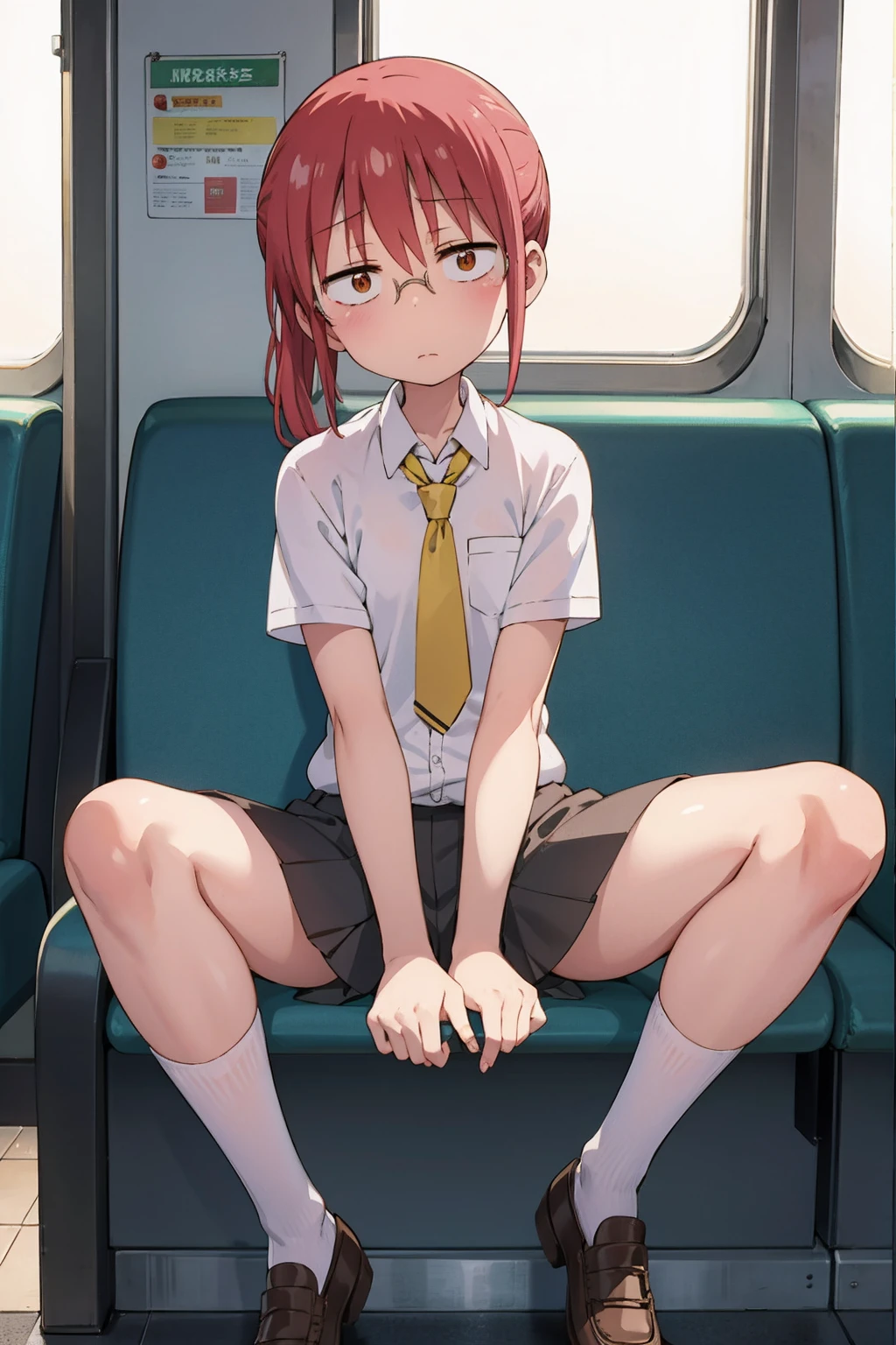 absurderes, solo, ​masterpiece、top-quality、Kobayashi,1 girl, white shirt, yellow tie, black pants,short sleeves、office shoes, tired, flat chest, Highly detailed body lines, in a subway car, sitting, front view, night, spread legs, hand on chest, hand between legs, wet, shy, 