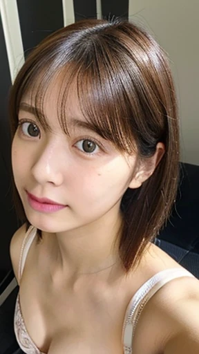nsfw, (wearing Bra top, panties:1.4), (selfie shot:2), (Close Up: chest),(from above:1.5),(flat chest:1.3), Top quality, 1 beautiful Japanese woman, ,high school student,(18 years old),bob cut, (brown hair:1.2), Ultra-realistic capture, Highly detailed, High resolution 16k close-up of human skin. Skin texture must be natural, With such detail that pores can be finely identified. Skin should look healthy, In a uniform tone. Use natural light and color,
