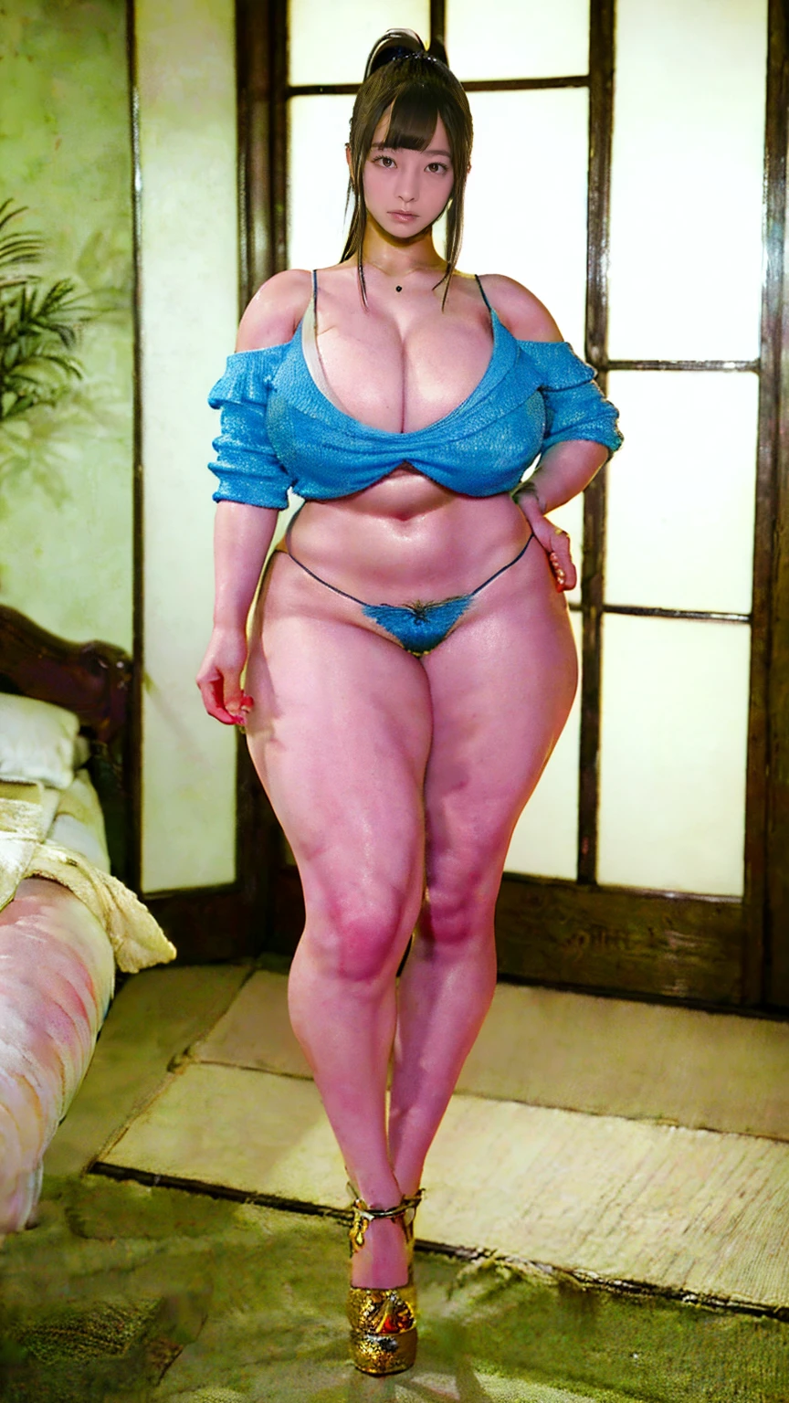 (masterpiece,8k,Award-winning photo,photoRealistic,Realistic,Very detailed,Ultra-high resolution:1.2),Wavy hair with bangs,(Bright rouge lips,sexyな唇), ///one person,The most beautiful,20-year-old,(sexy,Japanese Idols),ponytail///Human details Shiny skin,Detailed skin,Beautiful Skin,Beautifully detailed face,Perfect figure,Beautiful details,///(double eyelid,Droopy eyes),(Huge breasts,Cleavage,Beautiful breasts:1.3),///(Bedroom:1), /// jewelry,Earrings,necklace,(whole body,Attractive body,A expensive beautiful woman is standing:1.8),((Off-the-shoulder blouse,High heels:1.2)),,
///Finished ultra-Realistic textures, RAW Photos,Shine,(expensive,Muscular,Abdominal muscles,Muscularな女の子:1.4)