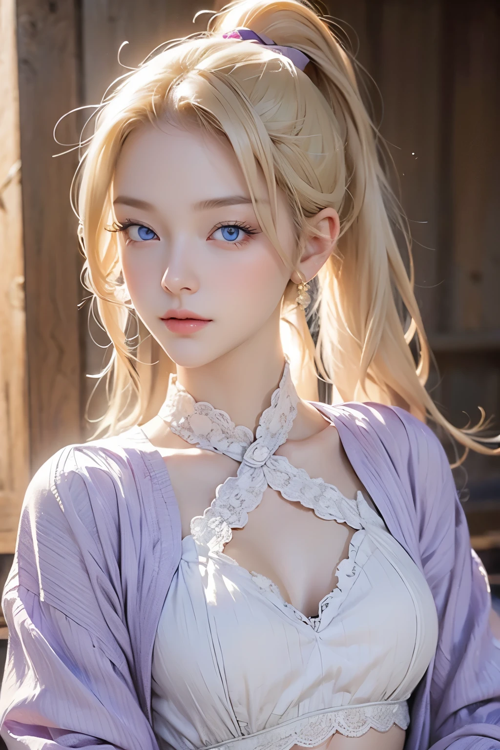 very beautiful girl masterpiece, sexy blonde, long hair, ponytail, blue eyes, expressive eyes, detailed skin, realistic skin texture, texture, detailed eyes, beautiful woman, lilac bra, lilac lace panties,