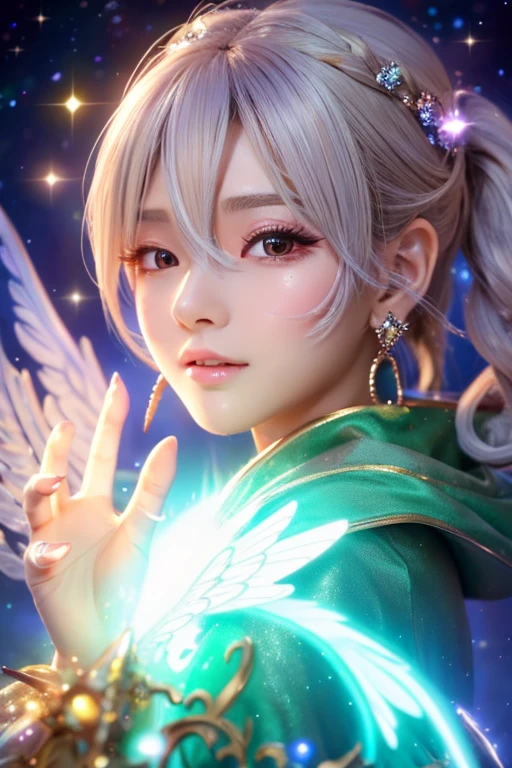((highest quality)), ((masterpiece)), (detailed), Brown skin,Perfect Face,kind,Healing,Alluring,fortune teller,Fantastic,vivid,front,Flashy hair,Wizard,Anime style robe,Silverの瞳,Eyelashes,crystal,(Silver),Angel Wings,Large earrings,crystal,
