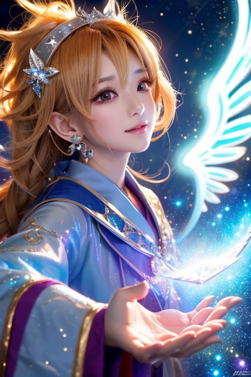 ((highest quality)), ((masterpiece)), (detailed), Brown skin,Perfect Face,kind,Healing,Alluring,fortune teller,Fantastic,vivid,front,Flashy hair,Wizard,Anime style robe,Silverの瞳,Eyelashes,crystal,(Silver),Angel Wings,Large earrings,crystal,
