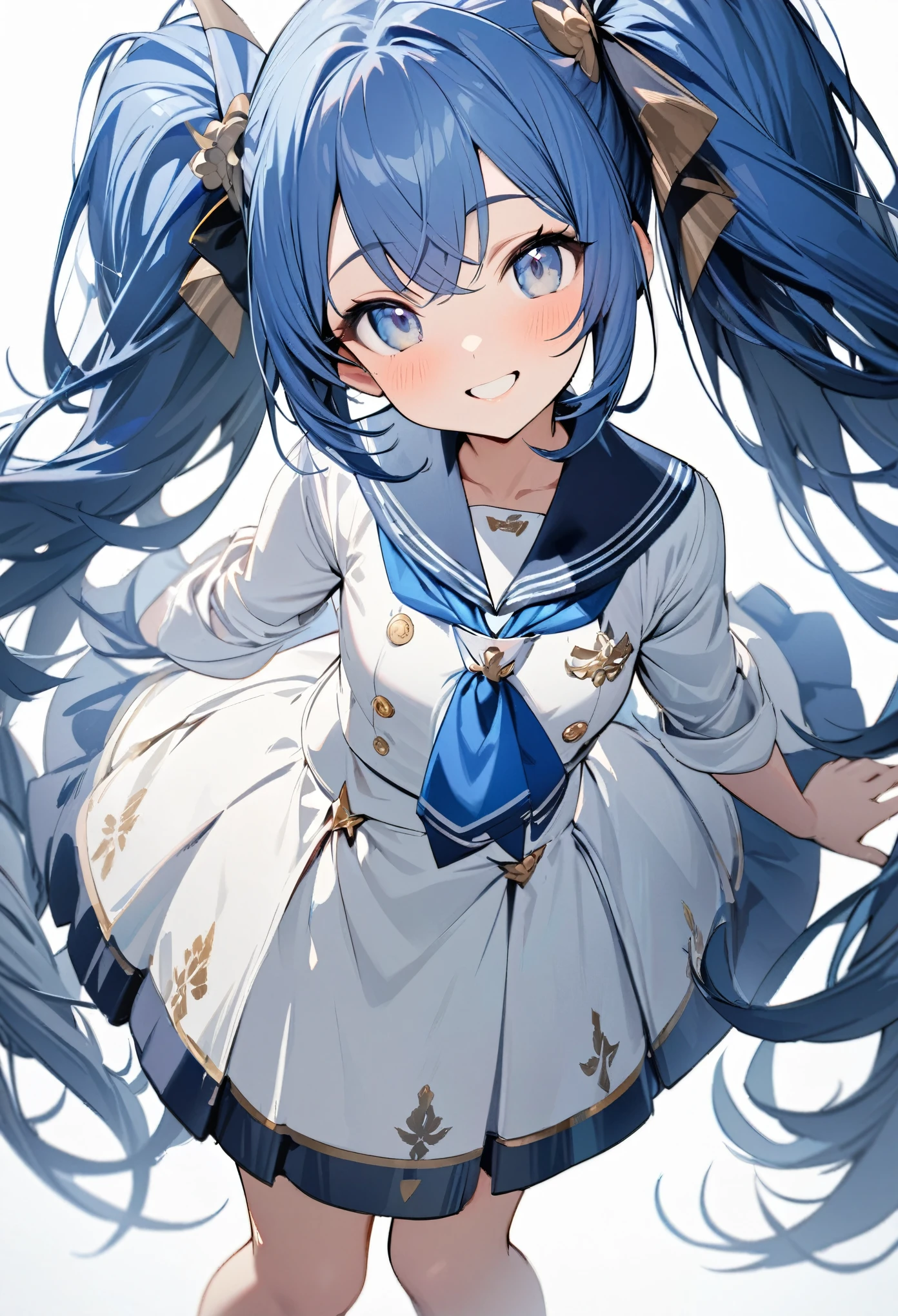 whole body, (female): 1girl, (solo), (perfect face), (detailed outfit), (little girl), beautiful female, smile (happy), blue hair, long hair, twintails hair, blue eyes, (serafuku), (white background) : (masterpiece:1.4), (best quality), (highres) (sharp focus),