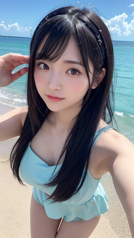 8K、Detailed Description、Very high definition、Realistic、reality的、Real、live-action、reality、High resolution、Focus distance 18mm,Nogizaka46、japanese idol,beautiful girl、21 years old、Angle of view that allows you to see the whole body、Pull angle of view、Sleeveless dress、Knee-up-top angle of view、Mouth closed、Tropical Beach、sunny、Long Hair、Very black hair、Hair blowing in the wind、pretty girl、Beauty、Glowing Skin、Glowing Skin、Shiny Hair、Very white skin、Headband、Heavy makeup、Embarrassed、Shyly、Slit eyes、Big Eyes、Double eyelids、Don't show your teeth、Back view、turn around、Cross your arms behind your hips、Feet in the sea、Standing in the distance、Visible from head to toe、Bathe in the sea、Standing on the beach