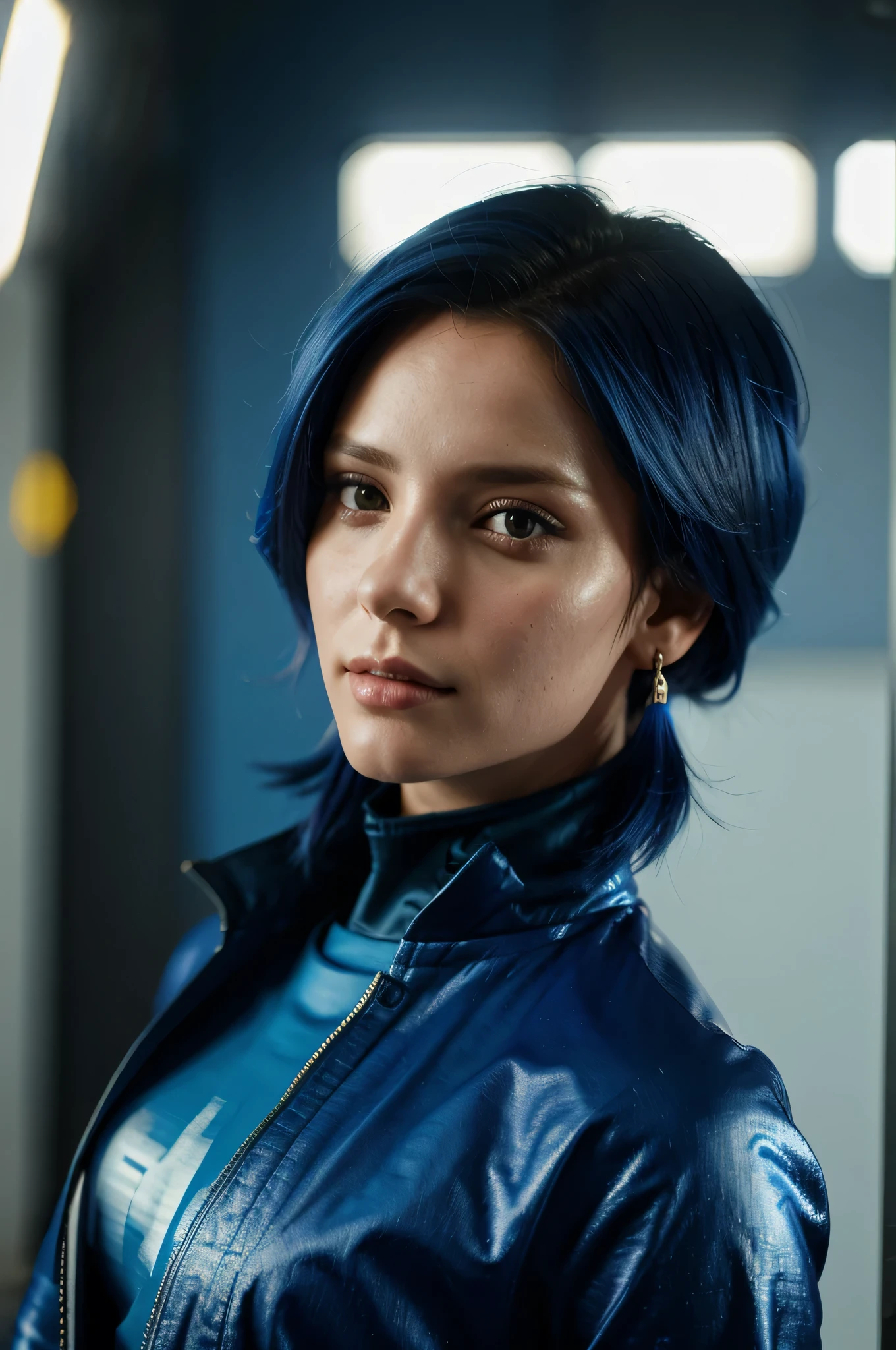 Mulher cabelo curto azul usando casaco estilo cyberpunk, linda rosto perfeito, 8k resolution image, ultra realista, Kinematics, Kodak filme 8k.