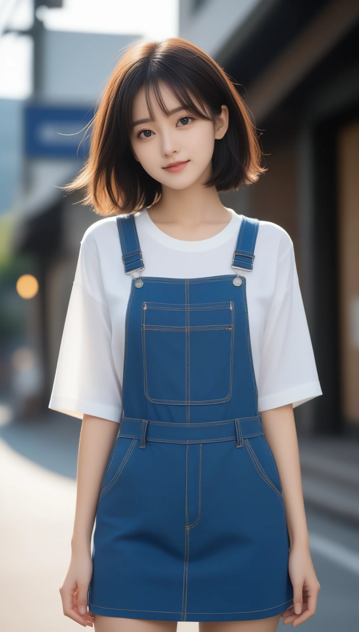8k, Ultra-high resolution, highest quality, masterpiece, Surreal, photograph, 1 girl, (14 years old:1.3), pretty girl, Cute Face, Beautiful eyes in every detail, 細かくdetailedに,masterpiece,, One Girl:1.2, Japan Female Announcer, One beautiful woman,Overalls,White T-shirt,mini skirt,big city boulevard,sunset,Golden Hour,Shortcuts,Black Hair,Bold Pose,Looking at the audience、beauty,Long neck、Laugh a little、Please close your mouth and laugh、(((Ideal body type))),A-cup small breasts :2,、Portraiture:2、Perfect Anatomy、鮮明なdetailed、detailed、Surreal、Light and shadow,Strong light,Fashion magazine cover,Thin lips