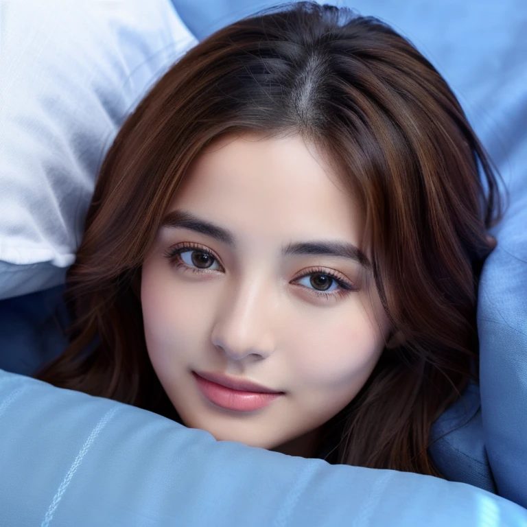 Aarav woman lies on bed with blue blanket and pillow., Realistic digital drawing, hyperrealistic beautiful face, Realistic digital drawing, Realistic digital illustrations, hyperrealistic beautiful face, Realistic digital art 4 k, Realistic digital art 4k, photohyperrealistic beautiful face, digital art images, glossy digital painting, Portrait of digital illustration, Realistic digital art, realistic drawing of a cute girl