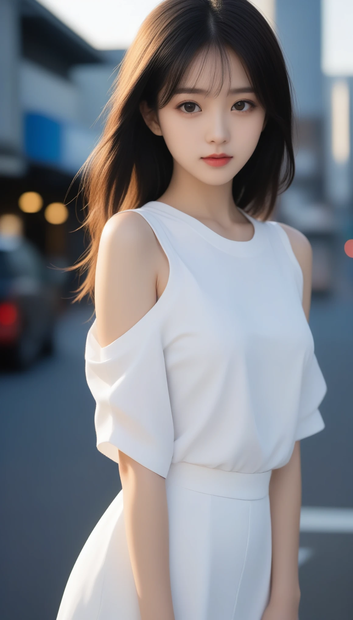 8k, Ultra-high resolution, highest quality, masterpiece, Surreal, photograph, 1 girl, (:1.3), pretty girl, Cute Face, Beautiful eyes in every detail, 細かくdetailedに,masterpiece,, One Girl:1.2, Japan Female Announcer, One beautiful woman,Overalls,White T-shirt,mini skirt,big city boulevard,sunset,Golden Hour,Shortcuts,Black Hair,Bold Pose,Looking at the audience、beauty,Long neck、Laugh a little、Please close your mouth and laugh、(((Ideal body type))),A-cup small breasts :2,、Portraiture:2、Perfect Anatomy、鮮明なdetailed、detailed、Surreal、Light and shadow,Strong light,Fashion magazine cover,Thin lips