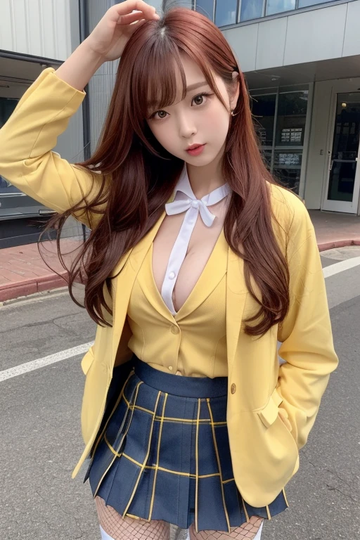 A town with a view of the sea、sports car、Beautiful high school girls 1.5、Beautiful woman looking back、((Turning around  1.5)、Turning around、High school girl uniform 1.5、Fishnet tights、Garter Stockings、(Yellow blazer uniform、Woman in a mini skirt 1.5)、Large breasts、The nipples are erect、Open your mouth wide 1.2、A nice build of medium build、Red collar 1.5、Nice body 1.5))、I have long hair。、Loose Curly Hair、Red Hair 1.5、Full Body Shot