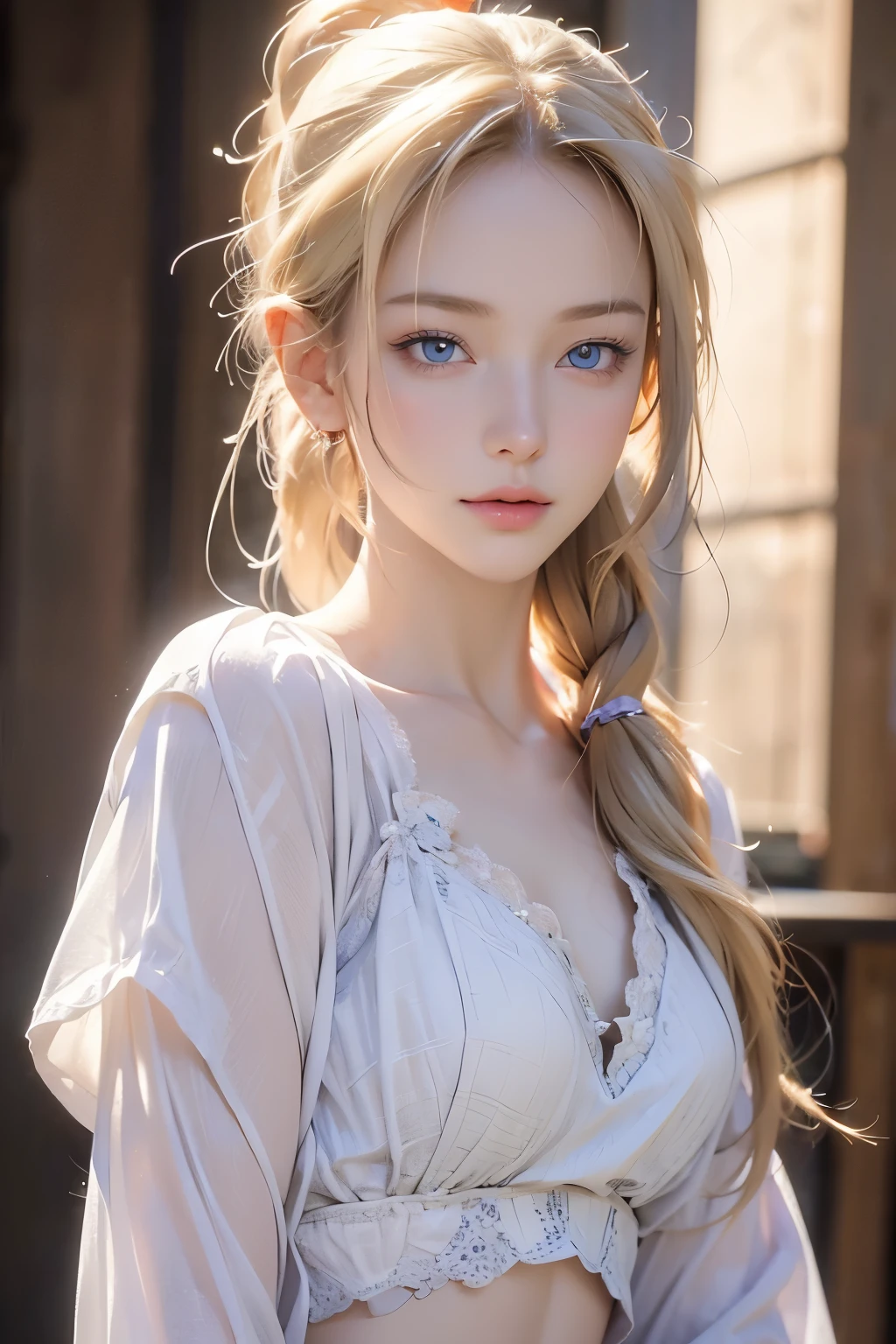 (best quality: 1.4), high resolution, masterpiece, 4k, ultra detailed, very beautiful girl masterpiece, sexy blonde, long hair, ponytail, blue eyes, expressive eyes, detailed skin, realistic skin texture, texture, detailed eyes, beautiful woman, lilac bra, lilac lace panties,