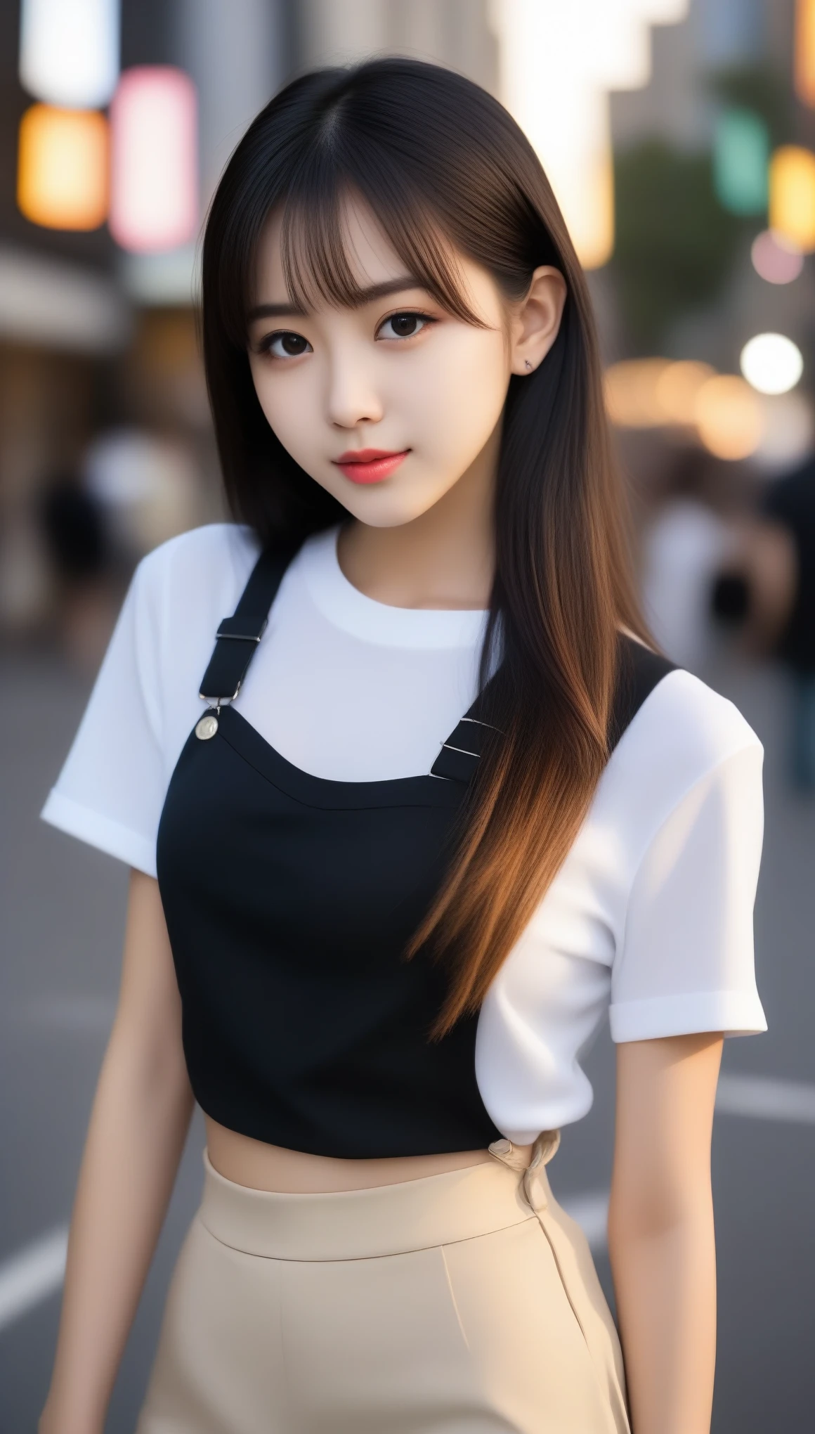 8k, Ultra-high resolution, highest quality, masterpiece, Surreal, photograph, 1 girl, (14 years old:1.3), pretty girl, Cute Face, Beautiful eyes in every detail, 細かくdetailedに,masterpiece,, One Girl:1.2, Japan Female Announcer, One beautiful woman,Overalls,White T-shirt,mini skirt,big city boulevard,sunset,Golden Hour,Shortcuts,Black Hair,Bold Pose,Looking at the audience、beauty,Long neck、Laugh a little、Please close your mouth and laugh、(((Ideal body type))),A-cup small breasts :2,、Portraiture:2、Perfect Anatomy、鮮明なdetailed、detailed、Surreal、Light and shadow,Strong light,Fashion magazine cover,Thin lips