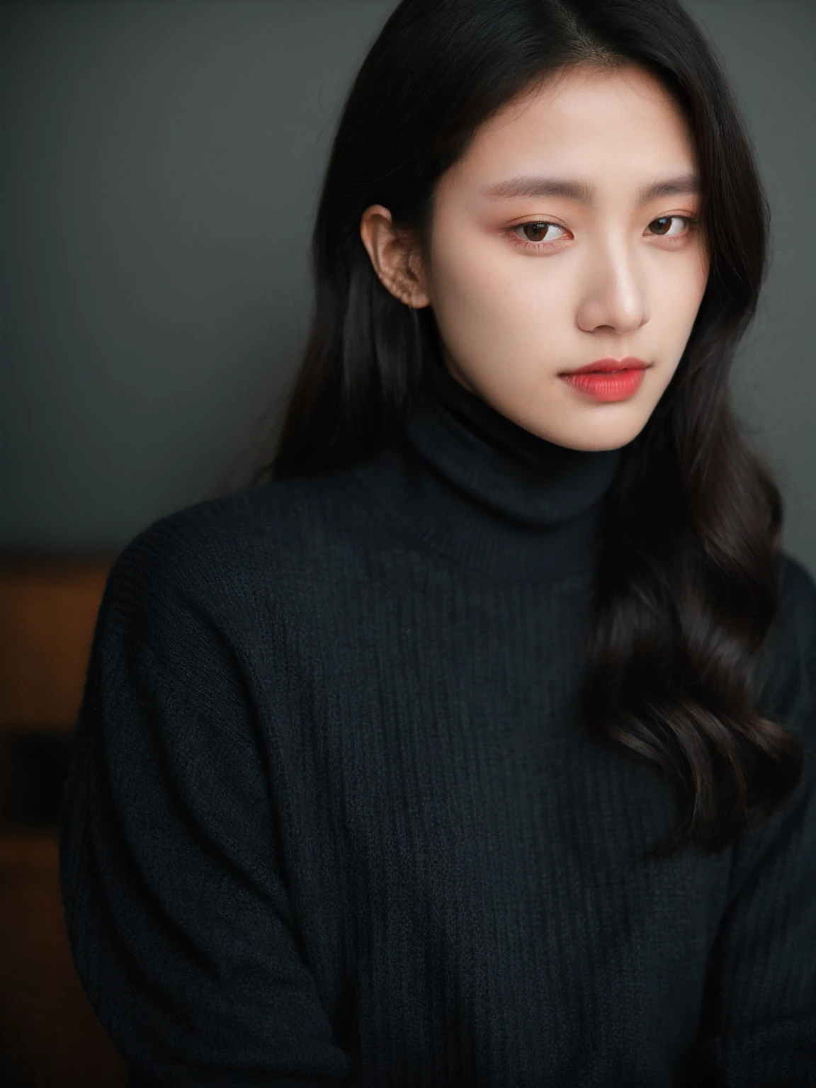 raw, photo, realistic BREAK an woman,clean skin,wearing a black turtleneck sweater,soft hair,black long curly hair,looking at the camera,More Reasonable Details,hubggirl,Chinese girl