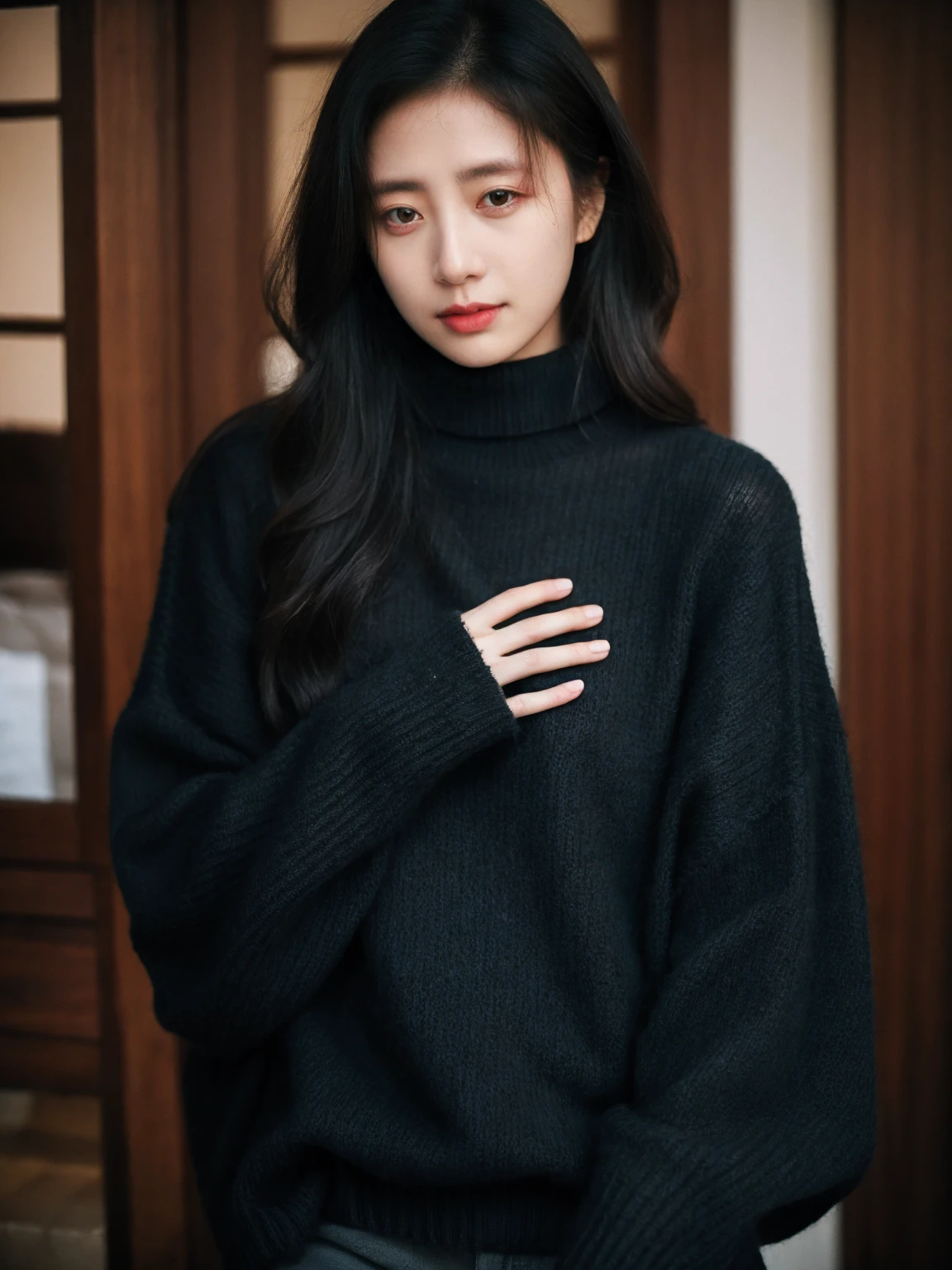 raw, photo, realistic BREAK an woman,clean skin,wearing a black turtleneck sweater,soft hair,black long curly hair,looking at the camera,More Reasonable Details,hubggirl,Chinese girl