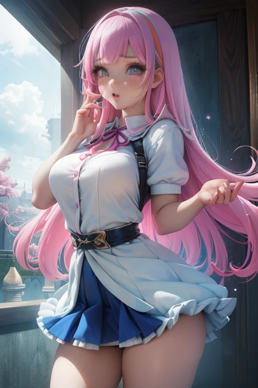 (Beautiful detailed eyes,Beautiful detailed lips,extremely detailed eye and face,longeyelashes,Cute girl in alchemy costume,Cute uniform,miniskirt laugh out loud,attractive girl,Best Quality,busty,masutepiece:1.2,stunning figure,Erotically cute,Ultra-high resolution,Gorgeous girl,Lovely girl,Multi-colored hair,Relaxation Socks,High resolution,gorgeous eyes,Perfect beauty) (masterpiece、top-quality、top-quality、official anime style++、Beautifully Aesthetic:1.2)、(2girl with:1.3)、(Fractal Art:1.3)、The upper part of the body、From Side、looking at the viewers、patterns、(rainbow-colored hair、colourful hair、Half white and half pink hair:1.2)、((A detailed4This refers to、Thumb joint details))、Eau、gases、cloud、colourfull、Soap bubbles、Deep kissing、I'm、violate、Detailed panties