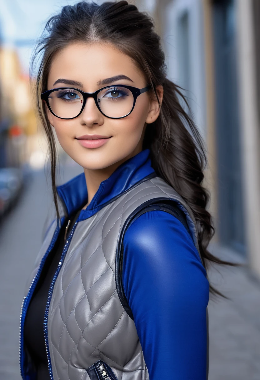 hyperrealistic beautiful busty 18-year-old teen girl with long legs wearing grey longsleeve with royal blue padded vest and black leather pants, model shooting full body photography, raven black hair with long ponytail, glasses, dark eye makeup with eyeliner, seductive smile, small necklace, 8K, Best quality, Meisterwerk, ultra high resolution, (Realismus: 1.4), Originalfoto, (realistische Hautstruktur: 1.3), (Filmkorn: 1.3), (Selfie-Winkel), 1 girl, Beautiful round hazel eyes and facial details, Meisterwerk, Best quality, street photography on a sunny day, nsfw with cameltoe