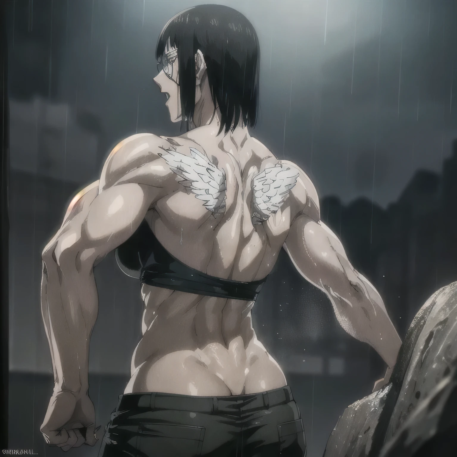 (best quality,ultra-detailed,realistic:1.37),musclaur badass girl with sculpted body with preview her musclaur body and back muscles, full review of the female character's face and body, intense expression,studio lighting, vivid colors, physiologically-based rendering, grungy texture, rugged background, dust particles in the air, commanding presence,professional,powerful, gritty aesthetics,Valmet،short hair،tattoos on shoulders,Shining muscles, muscle protrusion,wearing military black male short underwear with black midriff tank top,training position from behind, with her muscles and back muscles and,training in The middle of the lake,rain,raining,rainy weather,eyepatch,from behind,back muscles,angle close to neck,wet,fixing muscles and back muscles,tattoos on back,white skin,rain in night,fixing graphics,fixing character body