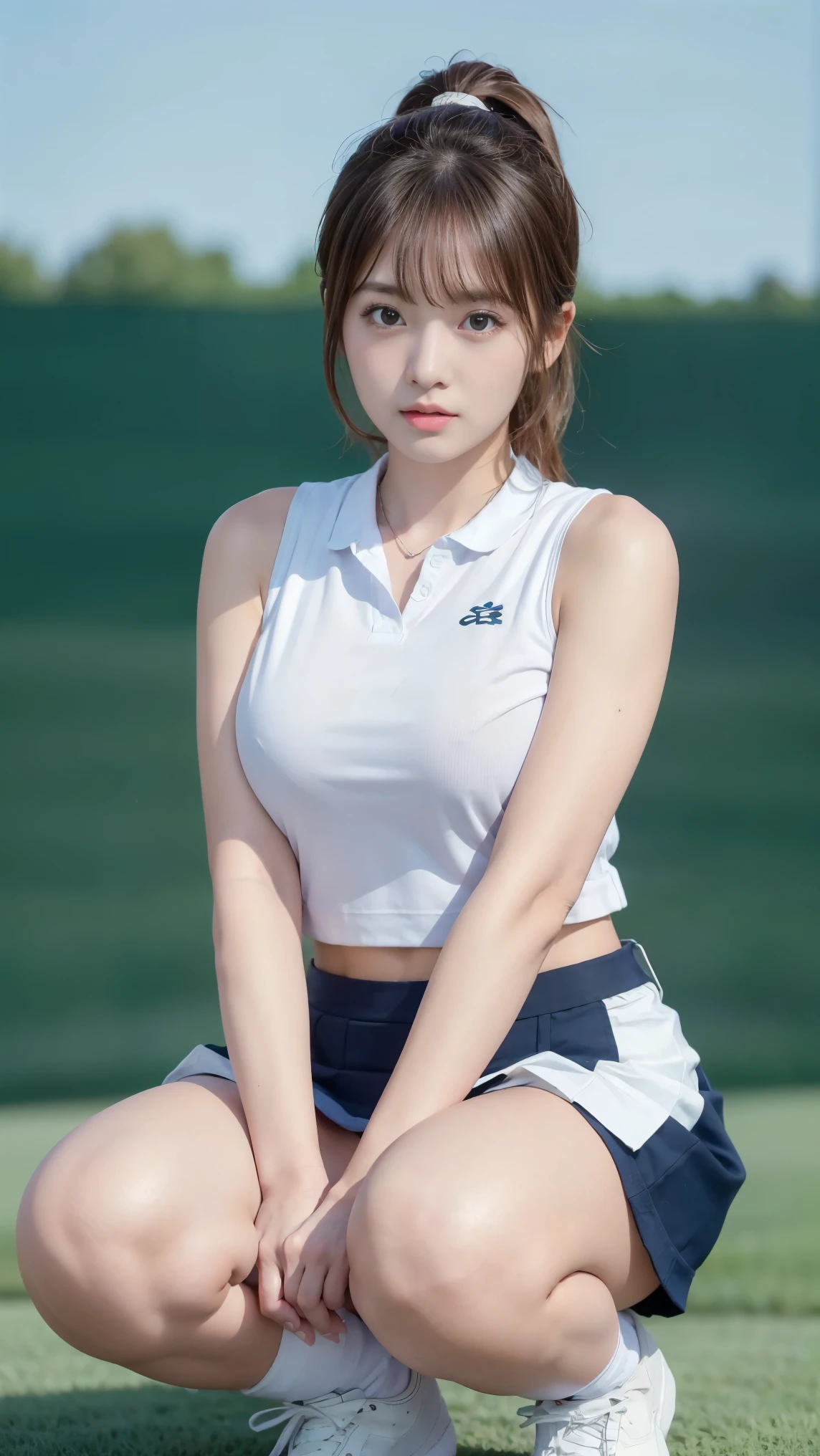 (((Masterpiece,highest quality,Highest quality,8k))),((Ultra-high resolution,Extremely detailed)),(Draw in detail),Hyper Quality,Beautiful Japanese woman in golf wear, Female college student,Gal,detailed bodyline,Golf course,Professional Golfer,Golf club,Beauty,sexy,glamorous,tall,Light brown hair,ponytail,Large Breasts,G-Cup,Big Ass,Sun visor,Sleeveless Polo Shirt(Wearing clothes next to the skin),mini skirt,Knee-high socks,squat,Get down on one knee,Live Action, Skirt flip, (A woman looking at the putting line on the green)