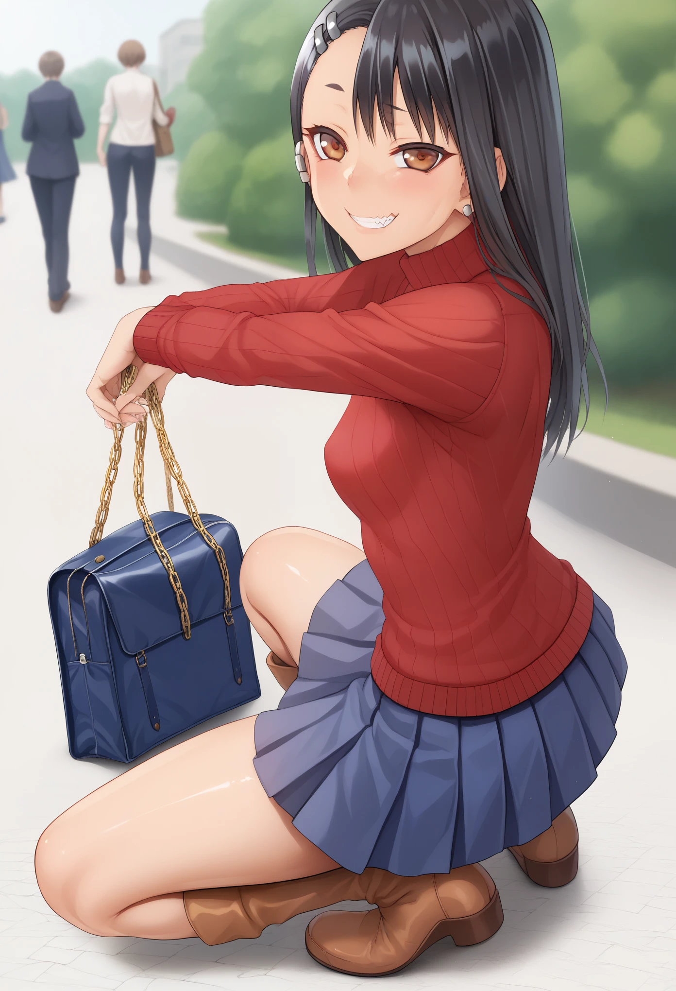 score_9, score_8_up, score_7_up, uncensored, source_anime, 1girl, solo, masterpiece, best quality, detailed face, face focus, BREAK nagatoro hayase, face focus, from above, shiny skin, nice leg line, thin waist, small breasts, BREAK, Burgundy_cable_knit_sweater, pleated_midi_skirt, ankle_boots, drop_earrings, quilted_chain_shoulder_bag, BREAK around crowd,depth of field, looking at viewer, squatting, from side, upper body