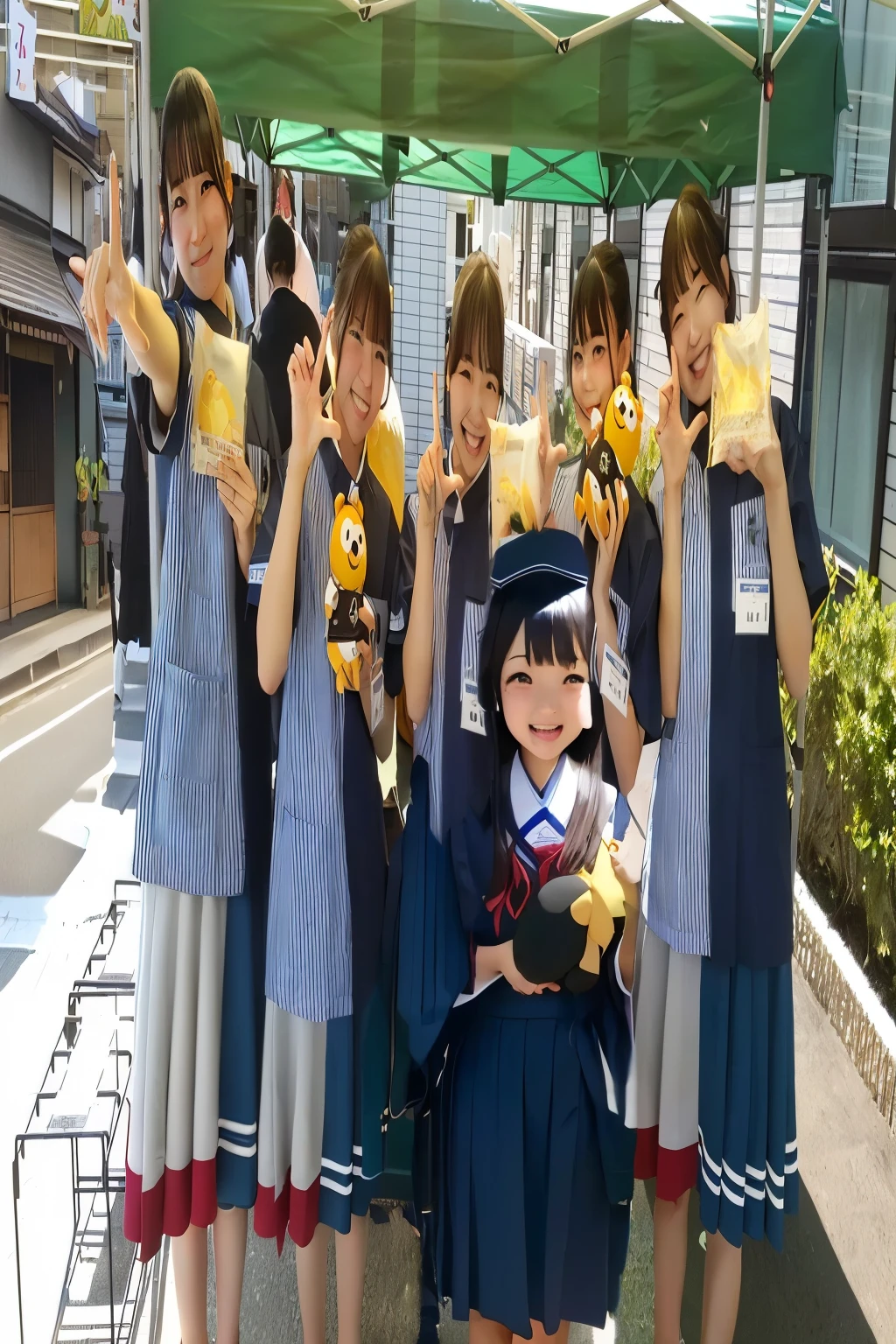 Several girls in uniforms are holding up stuffed toys, Japanese School Uniform, nagatoro, wearing Japanese , Seifuku, Japanese High School, Japanese maid cafe, Japanese mascot, Happy!!!, A, Ka, Sa, Ta, Na, Ha, On , Beasts, Japanese Girls , information, With yellow cloth