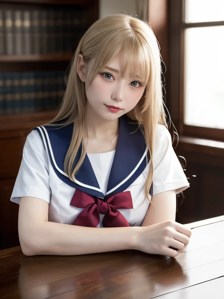 ((masterpiece,highest quality, High resolution)), One girl, clear, Hyperrealistic:1.5, alone, Detailed physically based rendering, Green Eyes, (Long blonde hair tied with a blue ribbon), Blunt bangs, Sitting, (Arms folded on the table,腕を組んでsleep:1.2,sleep:1.37), ((school uniform, white serafuku, Red sailor collar, Short sleeve, White pleated skirt)), (In the library), Dramatic Light, Next to the window, afternoon light through the window, afternoon, Depth of written boundary, Bokeh effect, Professional photography, 