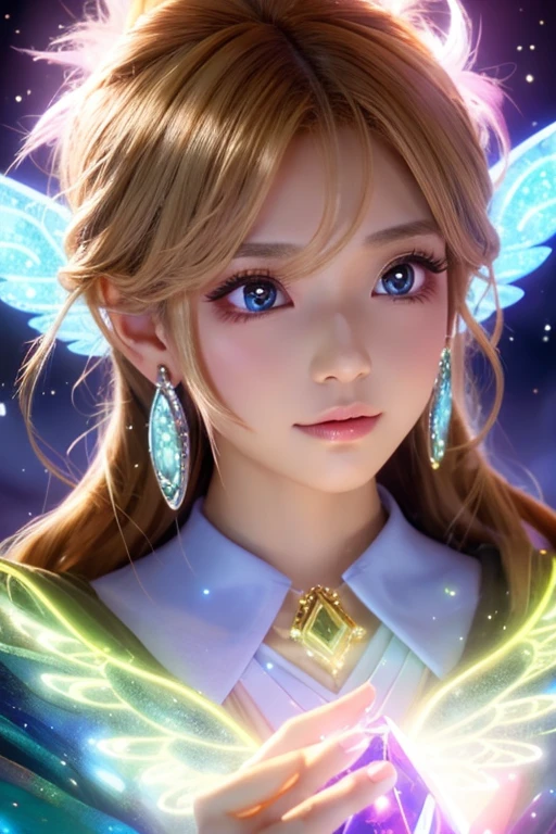 ((highest quality)), ((masterpiece)), (detailed), (Brown Skin),Perfect Face,kind,Healing,Alluring,fortune teller,Fantastic,vivid,front,Flashy hair,Wizard,Robe,Silverの瞳,Eyelashes,crystal,(Silver),Angel Wings,Large earrings,crystal,Anime Style