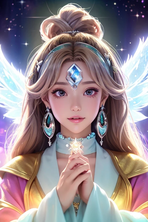 ((highest quality)), ((masterpiece)), (detailed), (Brown Skin),Perfect Face,kind,Healing,Alluring,fortune teller,Fantastic,vivid,front,Flashy hair,Wizard,Robe,Silverの瞳,Eyelashes,crystal,(Silver),Angel Wings,Large earrings,crystal,Anime Style
