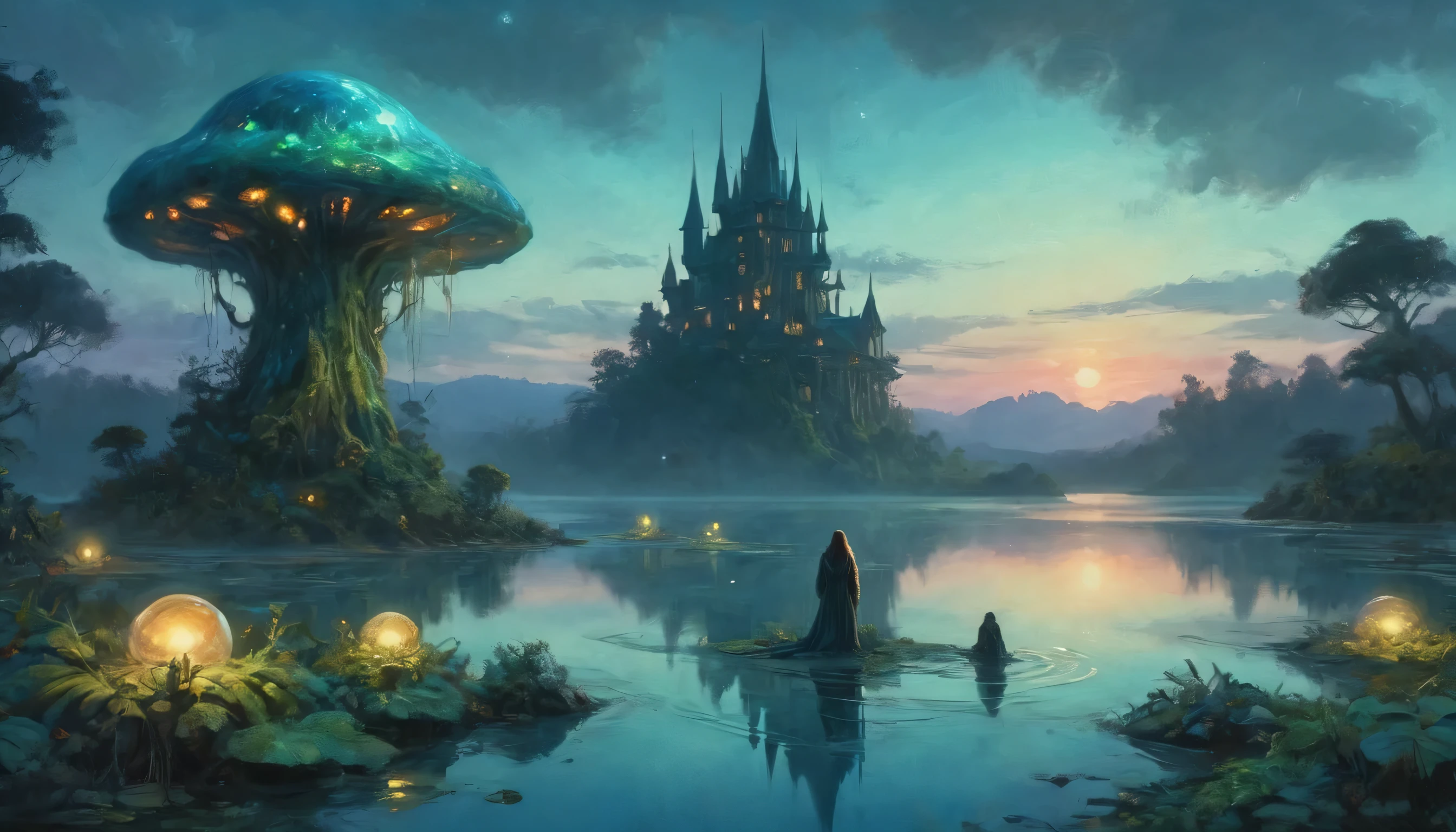 A vast alien fungal world, Bioluminescent Structure, Twilight, watercolor landscape painting, (highest quality,4K,8k,High resolution,masterpiece:1.2),Super detailed,(Realistic,photoRealistic,photo-Realistic:1.37),Dramatic lighting,Mysterious atmosphere,Lush vegetation,Vibrant colors,Alien Leaf,Floating Island,Quiet Lake,reflection,Fantasy art,Structure of the film,Calm colors,dream-like,Mysterious,Wizard Girl