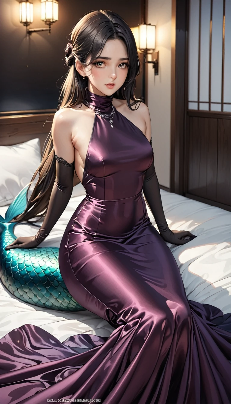 (masterpiece,highest quality,超A high resolution),Japanese women, (((Very beautiful 25 year old girl))),((A mermaid-style high-neck long dress made of satin))、Long sleeve、Long satin gloves、The satin has a very strong shine