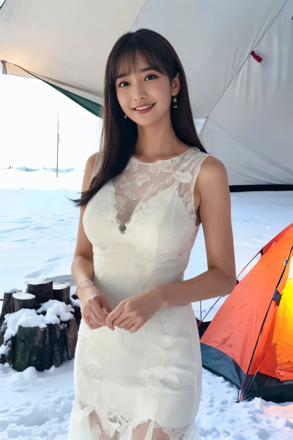 ((table top:1.4, highest quality)), (realistic pictures:1.4), 
((1 girl)), (Super beautiful woman), (Princess),
(超High resolution:1.2), very delicate and beautiful, wonderful, Highly detailed CG Unity 8k wallpaper, Super detailed, High resolution, 
soft light, beautiful detailed girl, highly detailed eyes and face, beautifully detailed nose, beautiful and detailed eyes, 
(wear a neat dress:1.3), 
cinematic lighting, perfect ???????, slender body, , (parted bangs),
(camping in the snow:1.3), (Snow field as far as the eye can see), (Stand in front of the tent:1.3), (bonfire),
cowboy shot, looking at the viewer, smile
