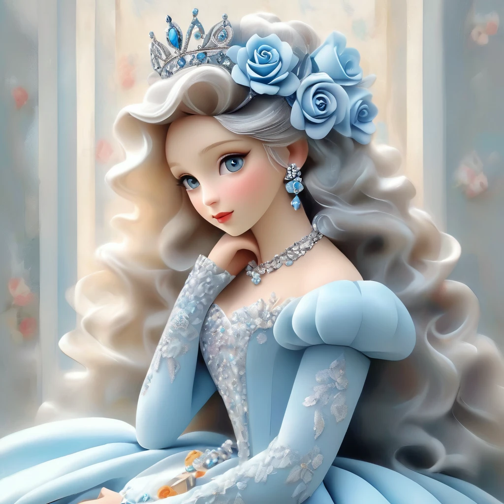 masterpiece,highest quality,Realistic,Homage to the works of Picasso and Renoir,1 girl,Upper Body,Long Hair,Gray Hair,Skin Texture、(Exquisitely designed princess dress_Light blue, Gorgeous Jewelry, tiara:1.2)、Big Rose Background、Light blueのコート,