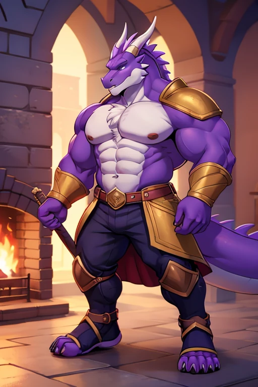 Purple dragon, muscular, dressed like a knight 