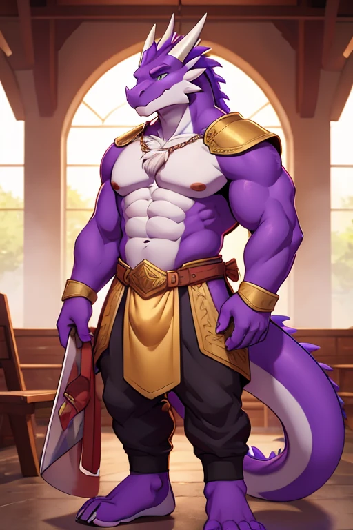 Purple dragon, muscular, dressed like a knight
