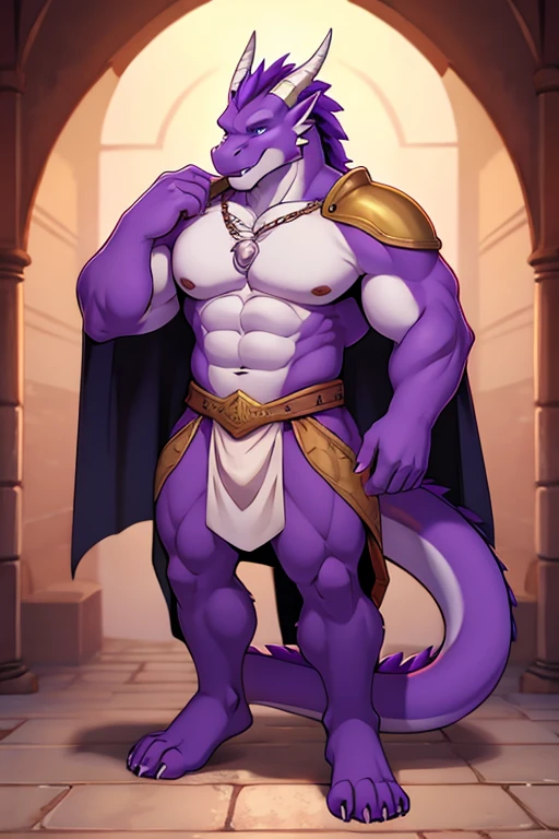 Purple dragon, muscular, dressed like a knight 