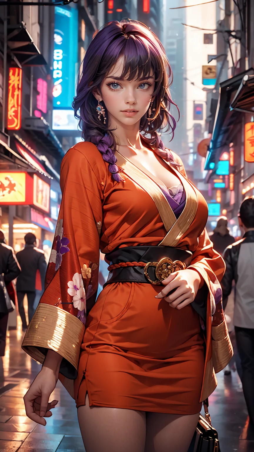 One girl, Blunt bangs, Braiding, Wide sleeves, hair ornaments, kimono, Red belt, (Purple Hair:1.2), Very long hair, Straight hair, View Viewer, Highly detailed background, (Photorealistic:1.2), Fine grain, Red eyeshadow, Depth of written boundary,thigh, (Ulzzang-6500:0.7), Upper Body, (alone:1.2), (Cyberpunk City:1.1), Cleavage, (Put your finger on your lips:1.1),Shiny skin