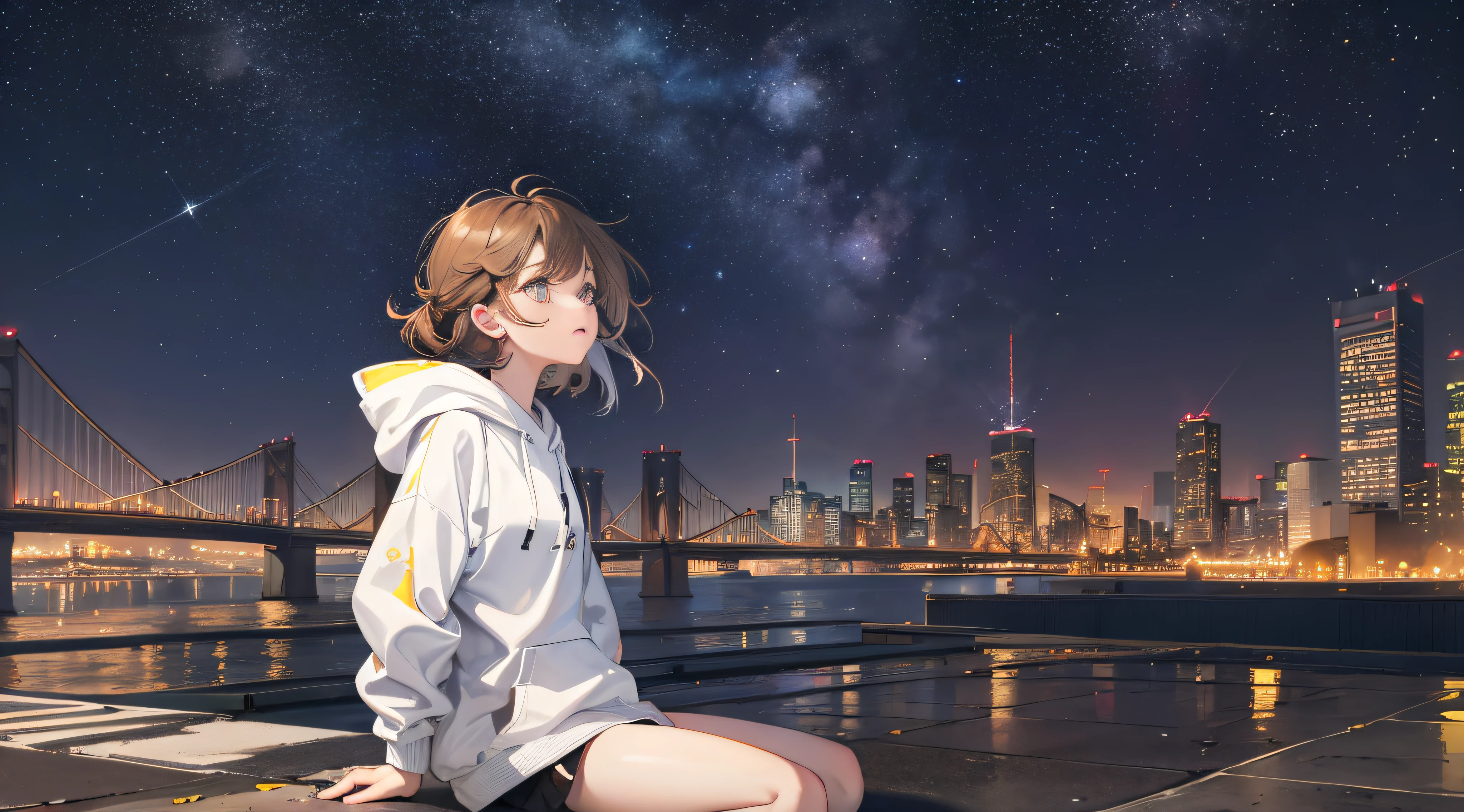 1girl, full body, far view, petite and cute, city street, brown hair, masterpiece, exquisite, city building lights, white hoodie, heterochromatic pupils, 45 degrees looking up at the starry sky, high and cold expression, sitting on the roof of the car shed, slightly longer cuffs