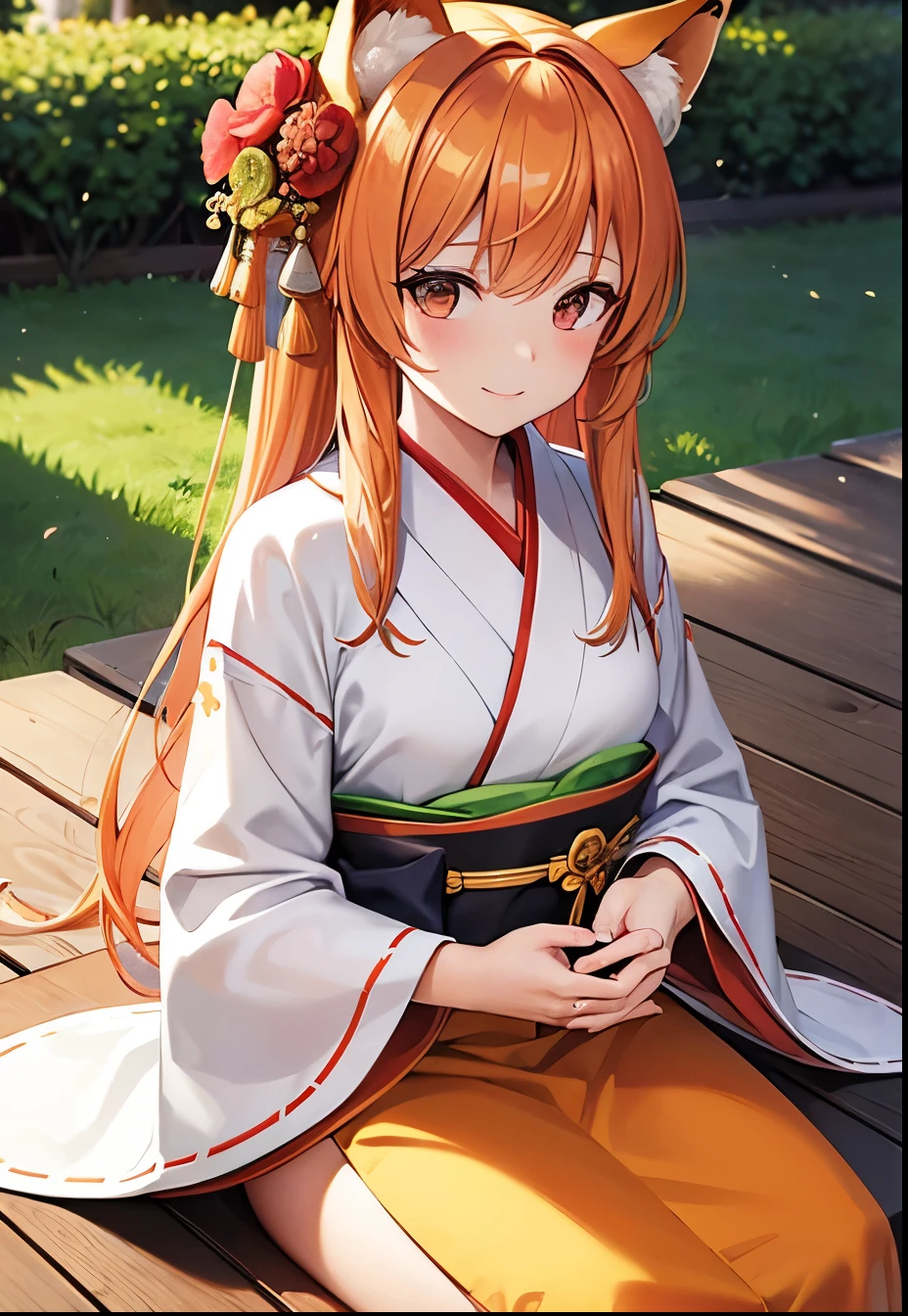 masterpiece, highest quality, Very detailed, One girl, alone, (:3:0.9), Animal earsの毛, Animal ears, Orange Hair, Fluffy hair, blush, Brown eyes, flower, Fox Ears, Fox Girl, Slope, Slope background, hair flower, hair ornaments, kimono, kimono, View Viewer, Shrine maiden, smile, alone, white kimono, Beautiful lighting