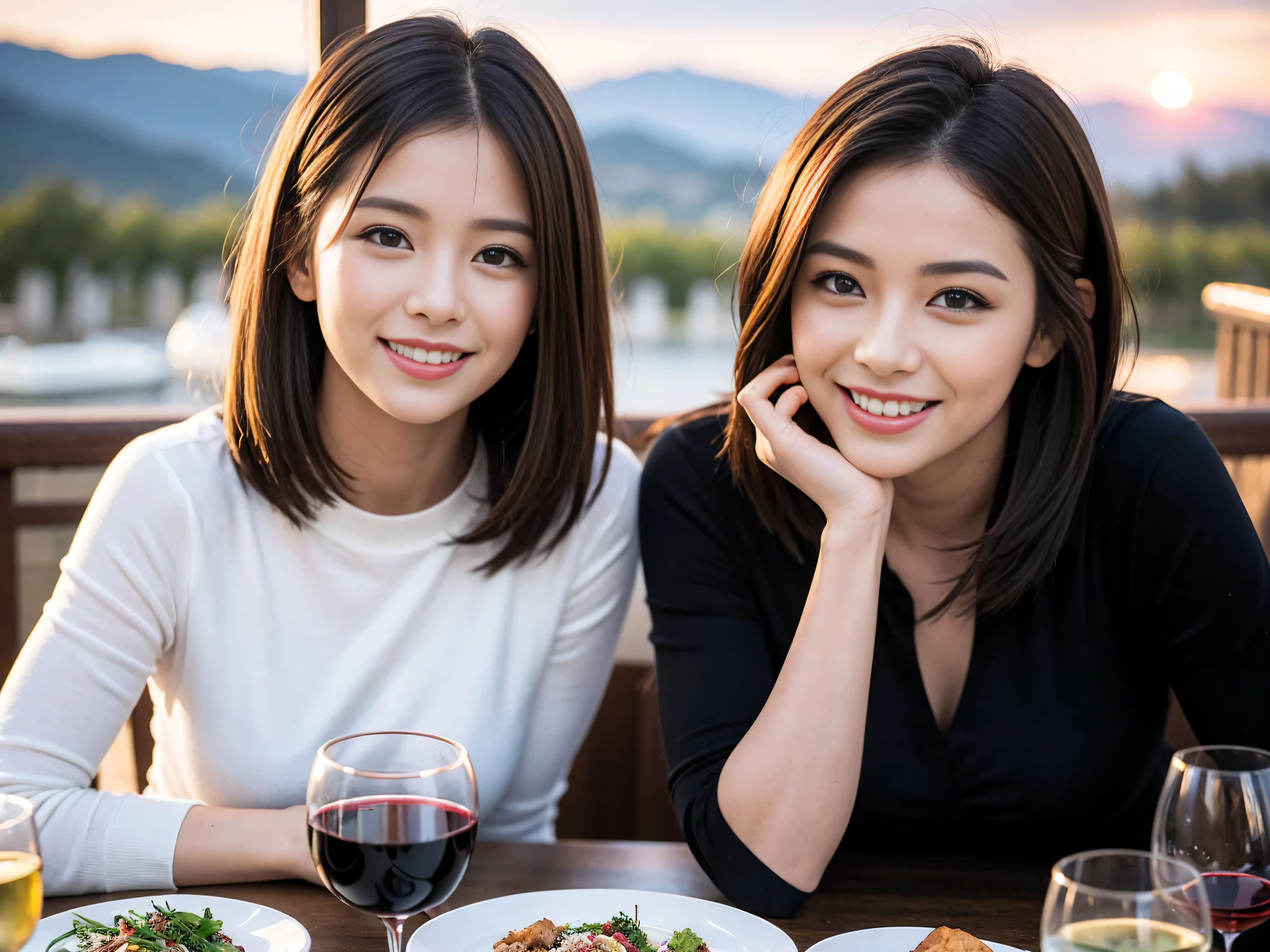 ((highest quality、8k、masterpiece:1.3))、1 male、1 woman who resembles Satomi Ishihara、Couple、Spouse、Couple、The body is slim、((Bob Hale、Straight hair:1.2)), (Realistic, Intricate details:1.2), Wine glass on the table、Put the light on your face、 Amazing view of the sunset sky and clouds、Amazing mountain views、A bright smile、The wonderfulness of smile、Bright image、The beauty of wine, Beautiful Face, blue eyes, The light shines on your face, Blushing, short hair,Bright Face、 (Age 42), 39 years old, red wine 、Appetizers、Italian food、Wine bottle、Champagne、sparkling wine、Two beauties、Brown Hair、Shortcuts、Long sleeve shirt、dress、Pretty Woman 1, (Slim face), (The body is slim), (Brown Hair), (Shortcuts), cheeks turn a little red,Attractive beauty、restaurant, In a prominent place (From the waist up) Nova Frog Style, actress, model, Upper Body, White wine, slim, wine glass, A wine glass placed in the center, smile, (smile: 1.15), Beautiful fine grain, Depth f/2,saturation, High Contrast, Strong light and shadow,Moist Body:1.5、3D texture、Delicate eyes、Brown Hair、The hair is very shiny、
