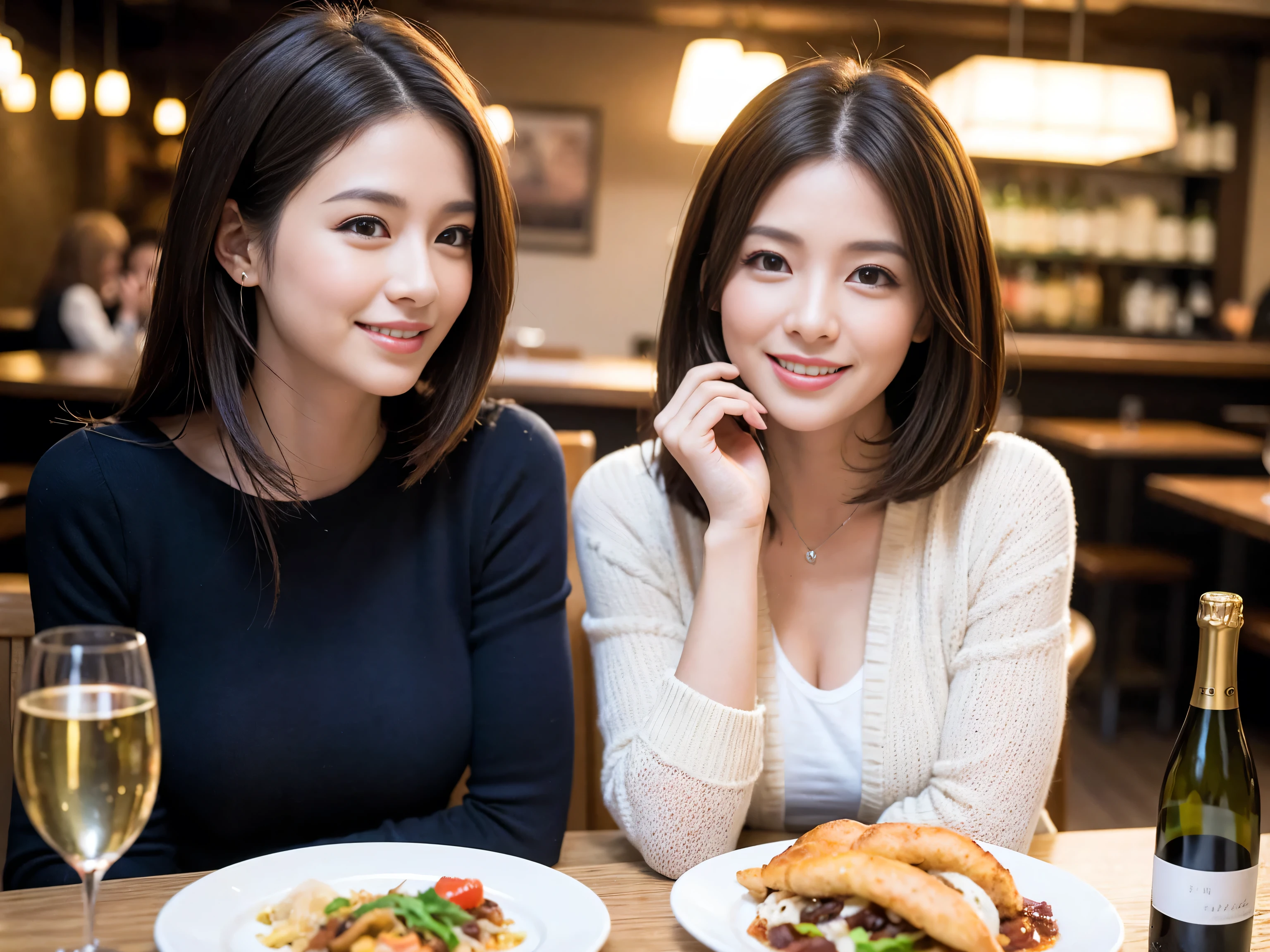 ((highest quality、8k、masterpiece:1.3))、1 male、1 woman who resembles Satomi Ishihara、Couple、Spouse、Couple、The body is slim、((Bob Hale、Straight hair:1.2)), (Realistic, Intricate details:1.2), Wine glass on the table、Put the light on your face、 Amazing view of the sunset sky and clouds、Amazing mountain views、A bright smile、The wonderfulness of smile、Bright image、The beauty of wine, Beautiful Face, blue eyes, The light shines on your face, Blushing, short hair,Bright Face、 (Age 42), 39 years old, red wine 、Appetizers、Italian food、Wine bottle、Champagne、sparkling wine、Two beauties、Brown Hair、Shortcuts、Long sleeve shirt、dress、Pretty Woman 1, (Slim face), (The body is slim), (Brown Hair), (Shortcuts), cheeks turn a little red,Attractive beauty、restaurant, In a prominent place (From the waist up) Nova Frog Style, actress, model, Upper Body, White wine, slim, wine glass, A wine glass placed in the center, smile, (smile: 1.15), Beautiful fine grain, Depth f/2,saturation, High Contrast, Strong light and shadow,Moist Body:1.5、3D texture、Delicate eyes、Brown Hair、The hair is very shiny、
