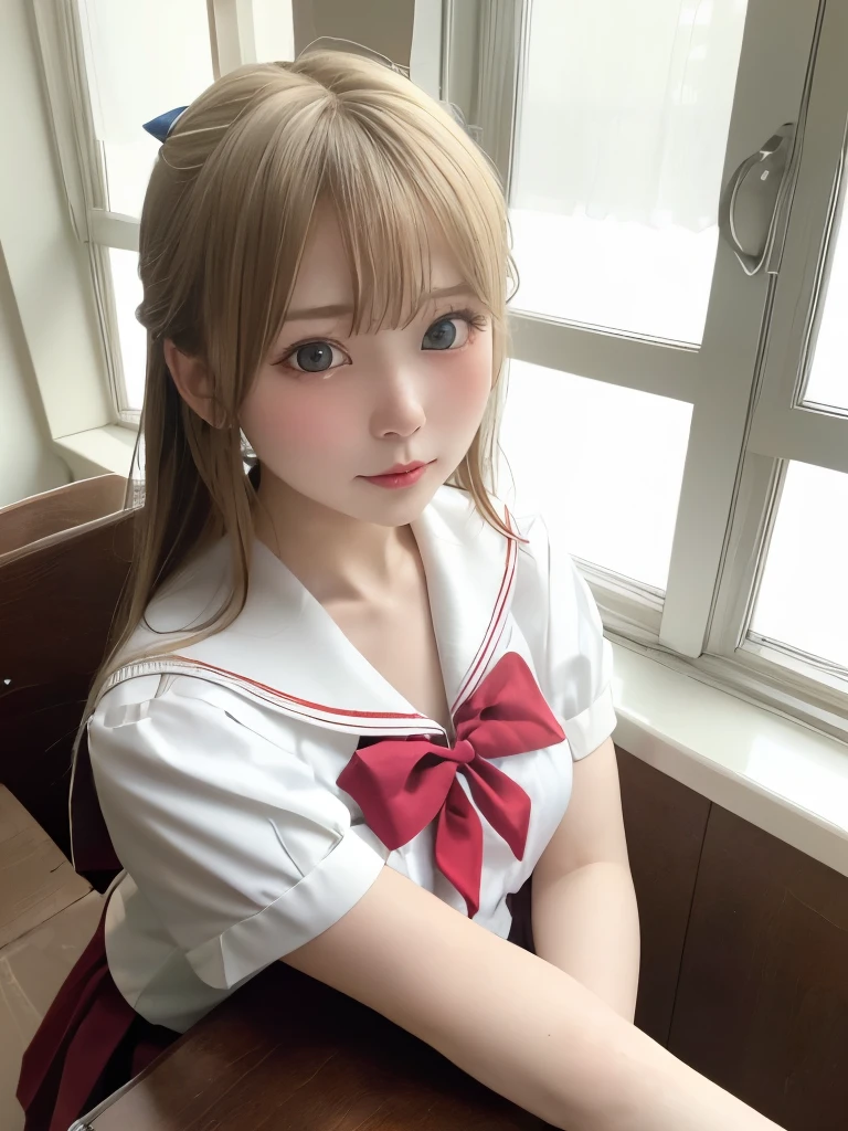 ((masterpiece,highest quality, High resolution)), One girl, clear, Hyperrealistic:1.5, alone, Detailed physically based rendering, Green Eyes, (Long blonde hair tied with a blue ribbon), Blunt bangs, Sitting, (Arms folded on the table,腕を組んでsleep:1.2,sleep:1.37), ((school uniform, white serafuku, Red sailor collar, Short sleeve, White pleated skirt)), (In the library), Dramatic Light, Next to the window, afternoon light through the window, afternoon, Depth of written boundary, Bokeh effect, Professional photography,