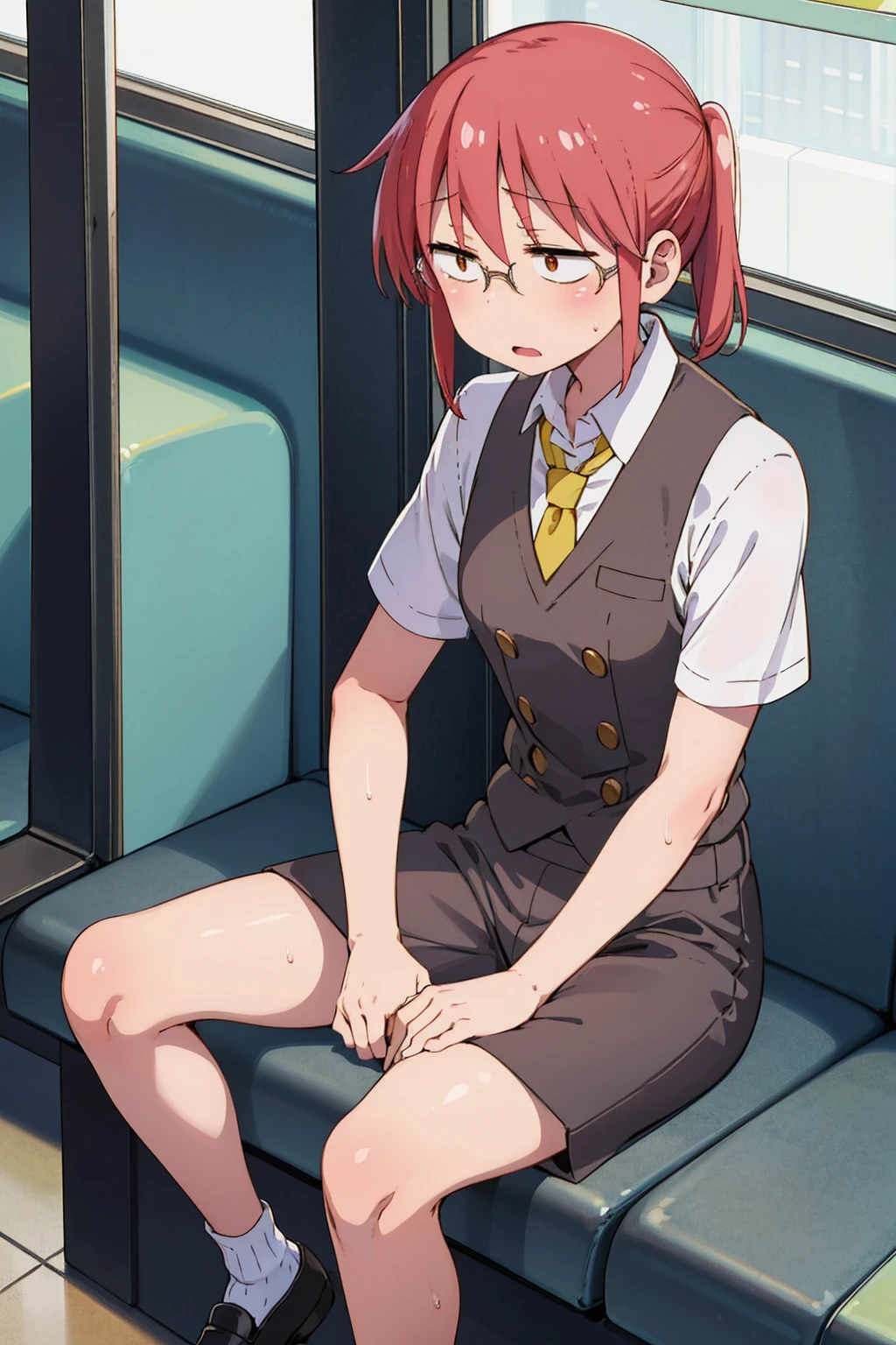 absurderes, solo, masterpiece、top-quality、Kobayashi,1 girl, white shirt, relised yellow tie, black office pants,short sleeves、office shoes, tired, flat chest, Highly detailed body lines, in a subway car, sitting, front view, night, spread legs, hand on tits, hand between legs, wet, shy, aroused,