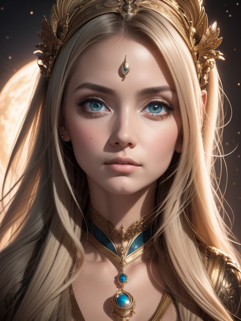 （Best quality，Ultra - details，best illustration，best shadow，the masterpiece，a high resolution，Professional illustrations，famous works of art），detailed eyes，beautiful eyes，Cleavage close up，Sci-fi，colored sclera，robot eyes，marks on the face，Tattooed with，（fractalized，fractal eyes），big eyes，Eyes wide open，（eye focus），focus on the face，cosmic eyes，cosmic eyes，Close-up of a metal sculpture of a woman with the moon in her hair，welcome。Extremely high detail，3D Portrait Goddesses，Extremely detailed depictions of the goddess，stunning portrait of a goddess，Side image of the goddess，Portrait of a beautiful goddess，Full length portrait of the goddess.，The goddess Hekta，Portrait of the Scandinavian moon goddess，Goddess of space and time