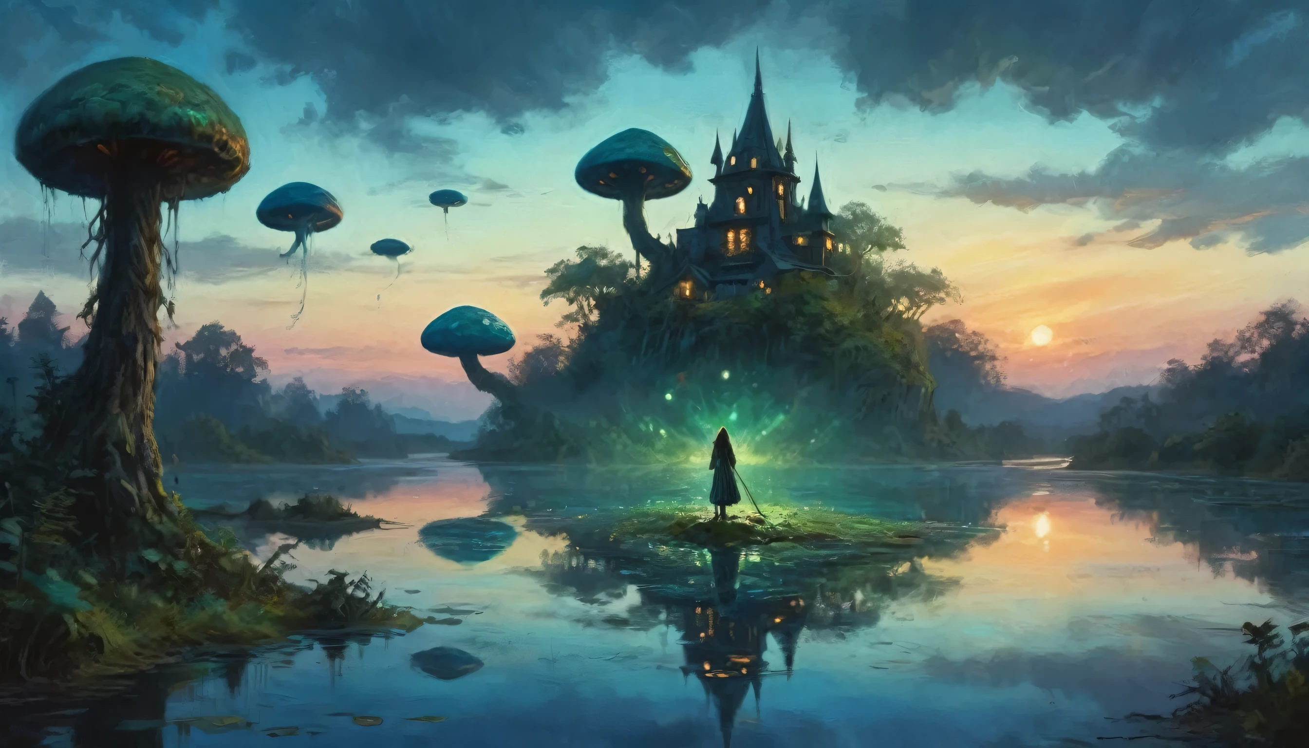 A vast alien fungal world, Bioluminescent Structure, Twilight, watercolor landscape painting, (highest quality,4K,8k,High resolution,masterpiece:1.2),Super detailed,(Realistic,photoRealistic,photo-Realistic:1.37),Dramatic lighting,Mysterious atmosphere,Lush vegetation,Vibrant colors,Alien Leaf,Floating Island,Quiet Lake,reflection,Fantasy art,Structure of the film,Calm colors,dream-like,Mysterious,Wizard Girl,Flying on a broom