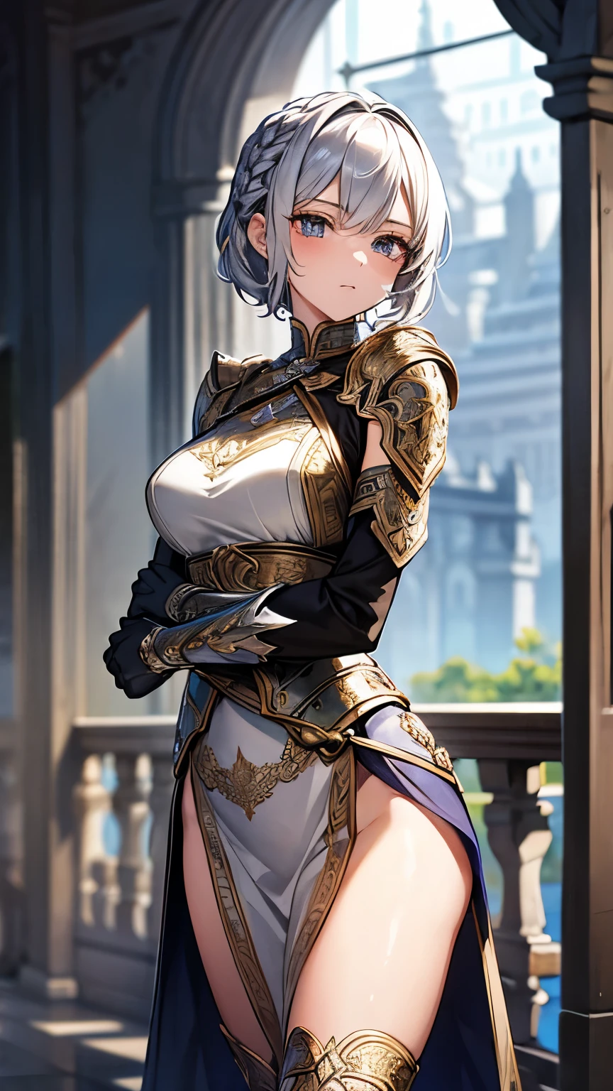 25 year old female adventurer、Arianna Silverwraith。She is 176cm tall、She has short, asymmetrical blonde hair.、Some are woven。Arianna wears intricately patterned silver armor.、Reflects the influence of ancient magical cultures。Her hairstyle is unique、Asymmetrical short cut with several sections elaborately braided。Her personality is free-spirited and courageous.、Have a strong sense of justice、Dedicated to protecting the vulnerable。She has confidence and strength、Embodying the spirit of a seasoned warrior and explorer。Her eyes are sharp and determined.、Showing you&#39;re ready for any challenge。In the background、To emphasize her role as an adventurer、Draw an adventurous setting, such as ancient ruins or a mysterious forest。She is equipped with a sword、Looks like they&#39;re ready for action。