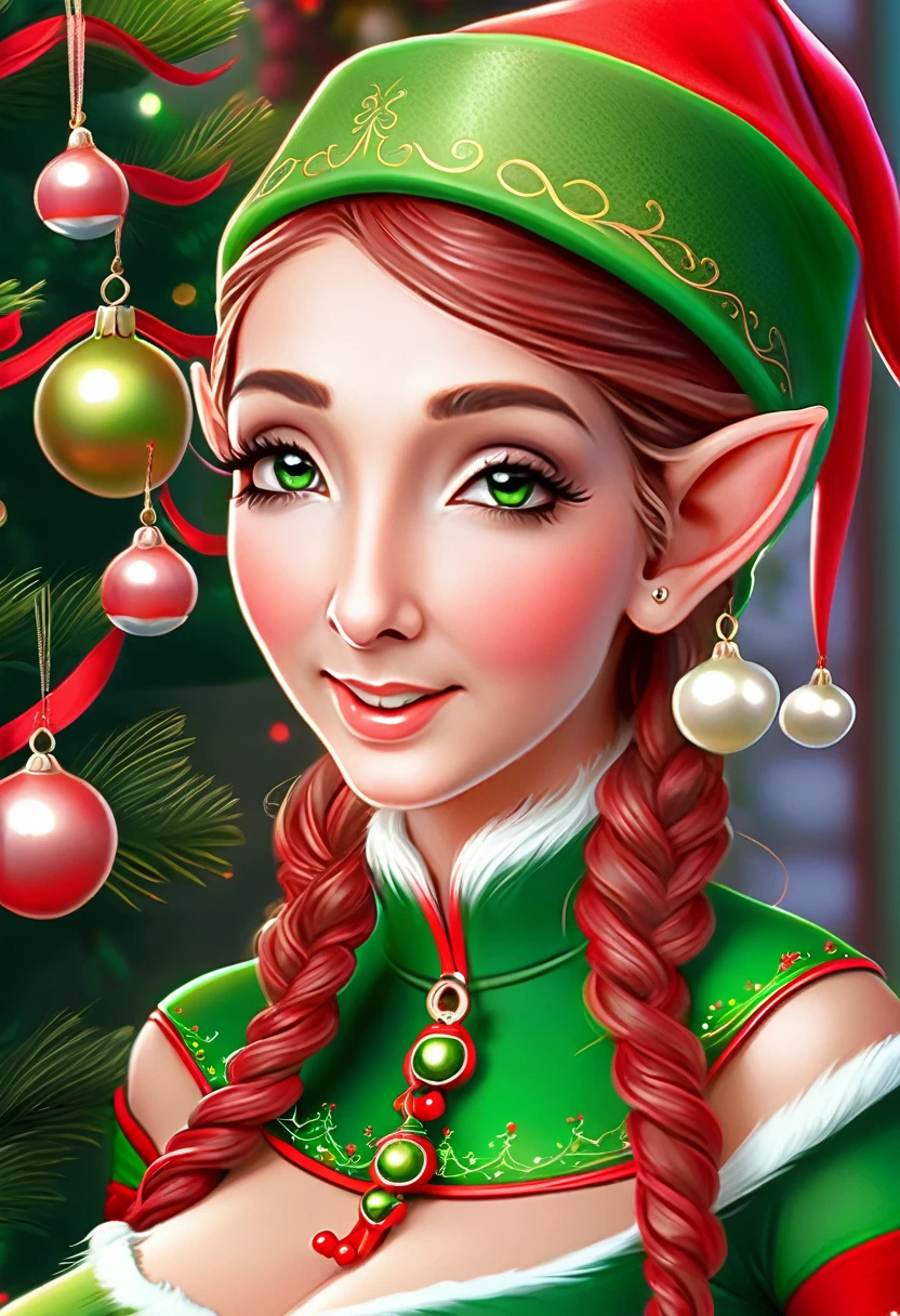 a cute elf woman, intricate green outfit with red trim and bells, santa's workshop, toy assembly line, happy expression, detailed face, beautiful eyes, small nose, lovely lips, long eyelashes, detailed hands, (best quality,4k,8k,highres,masterpiece:1.2),ultra-detailed,(realistic,photorealistic,photo-realistic:1.37),fantasy,illustration,digital painting,vibrant colors,warm lighting,christmas theme,whimsical