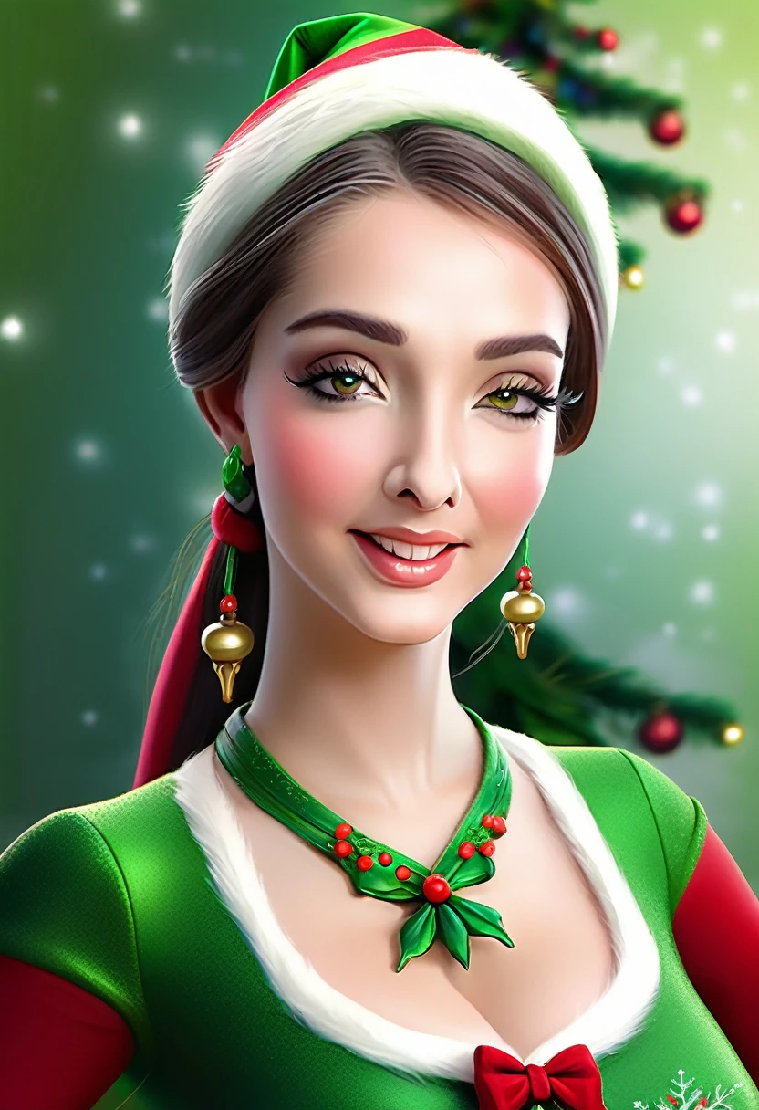 a cute elf woman, intricate green outfit with red trim and bells, santa's workshop, toy assembly line, happy expression, detailed face, beautiful eyes, small nose, lovely lips, long eyelashes, detailed hands, (best quality,4k,8k,highres,masterpiece:1.2),ultra-detailed,(realistic,photorealistic,photo-realistic:1.37),fantasy,illustration,digital painting,vibrant colors,warm lighting,christmas theme,whimsical