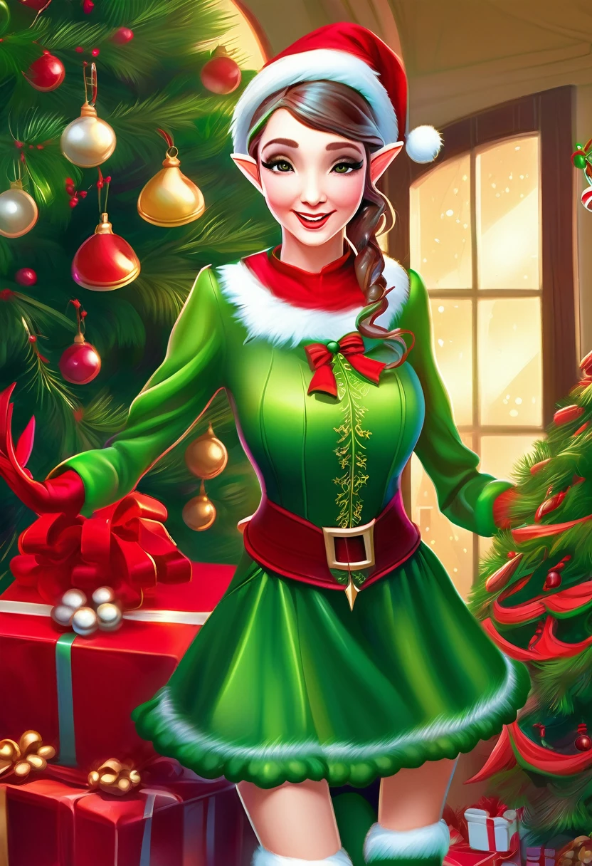 a cute elf woman, intricate green outfit with red trim and bells, santa's workshop, toy assembly line, happy expression, detailed face, beautiful eyes, small nose, lovely lips, long eyelashes, detailed hands, (best quality,4k,8k,highres,masterpiece:1.2),ultra-detailed,(realistic,photorealistic,photo-realistic:1.37),fantasy,illustration,digital painting,vibrant colors,warm lighting,christmas theme,whimsical
