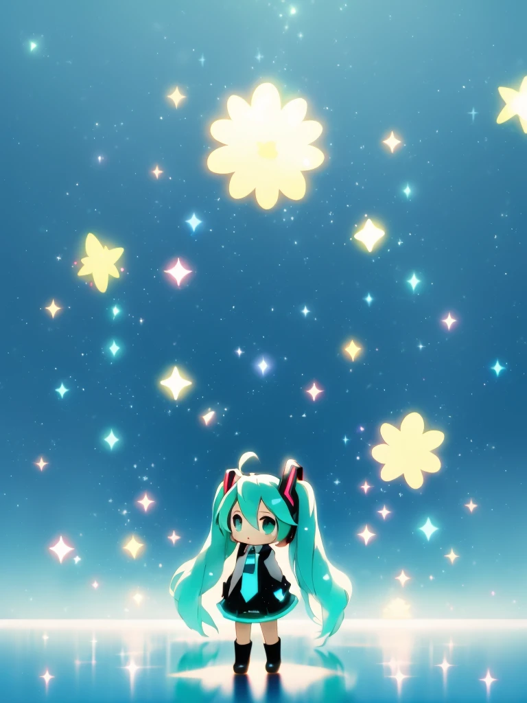 Face Focus, masterpiece, highest quality, 1 girl, Hatsune Miku, Sparkling colorful, Night Background, Firefly, Particles of light, alone, Twin-tail aqua hair, Aqua Eye, Are standing, Pixiv, Written boundary depth, Structure of the film, Best lighting, look up