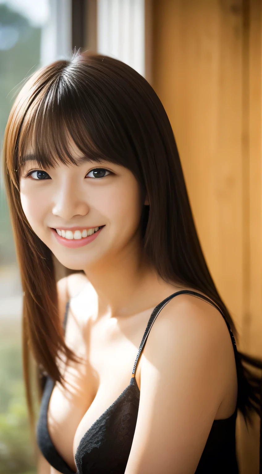 masterpiece,best quality,(Japanese ),((Beautiful girl)),cleavage,indoor,(perfect body beauty:1.2),(shy smile),beautiful teeth,