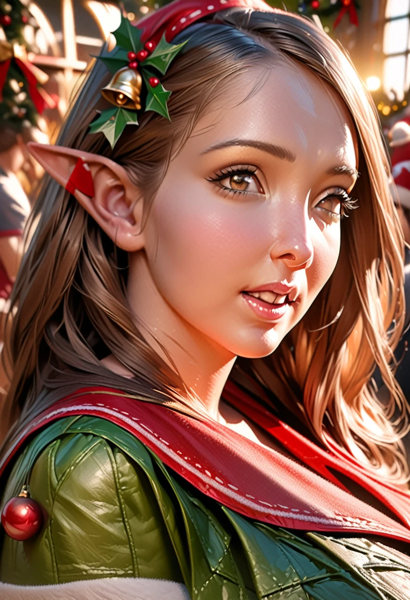 a cute elf woman, intricate green outfit with red trim and bells, santa's workshop, toy assembly line, happy expression, detailed face, beautiful eyes, small nose, lovely lips, long eyelashes, detailed hands, (best quality,4k,8k,highres,masterpiece:1.2),ultra-detailed,(realistic,photorealistic,photo-realistic:1.37),fantasy,illustration,digital painting,vibrant colors,warm lighting,christmas theme,whimsical
